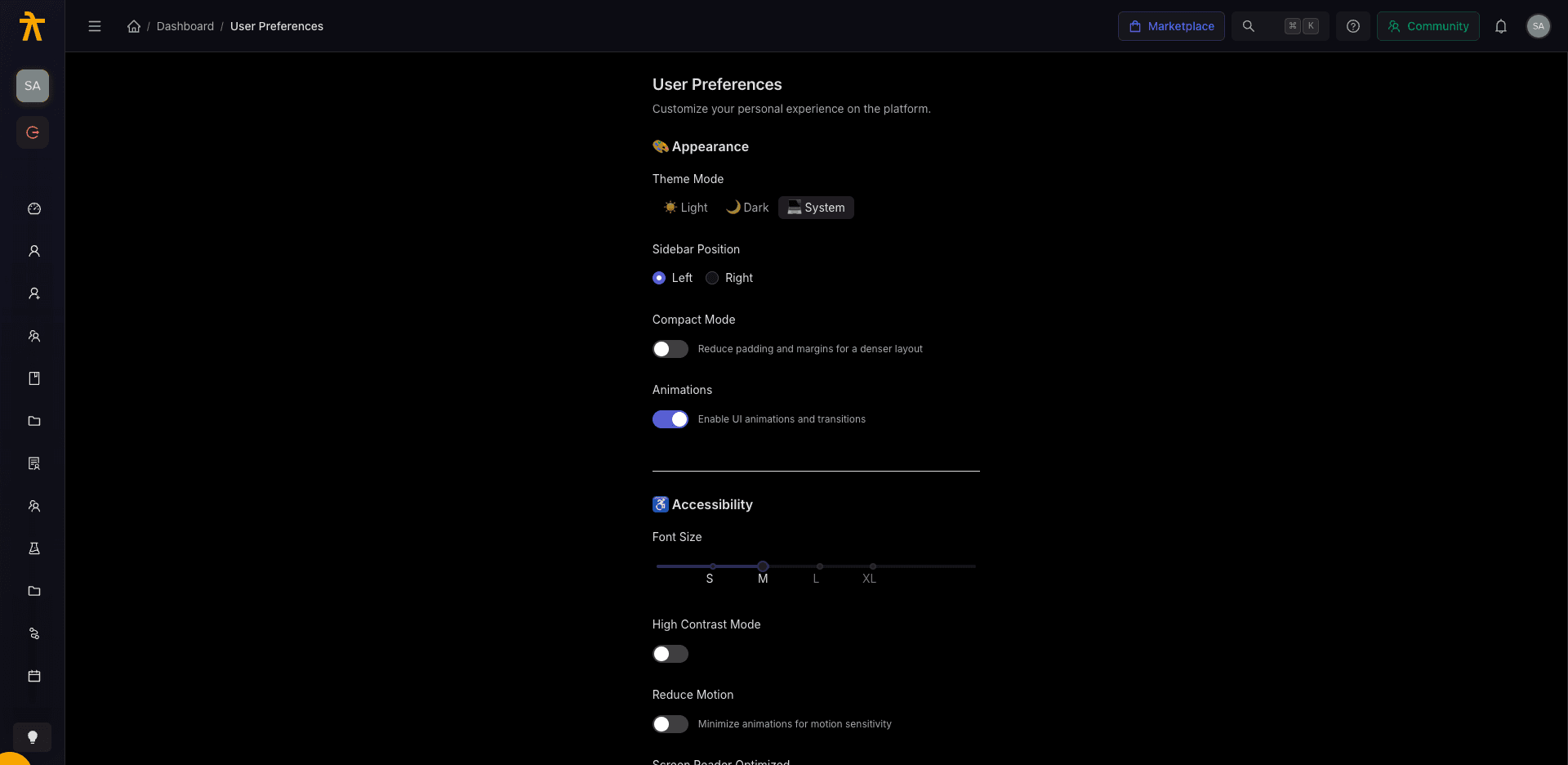 User Preferences — theme, language, and notification settings