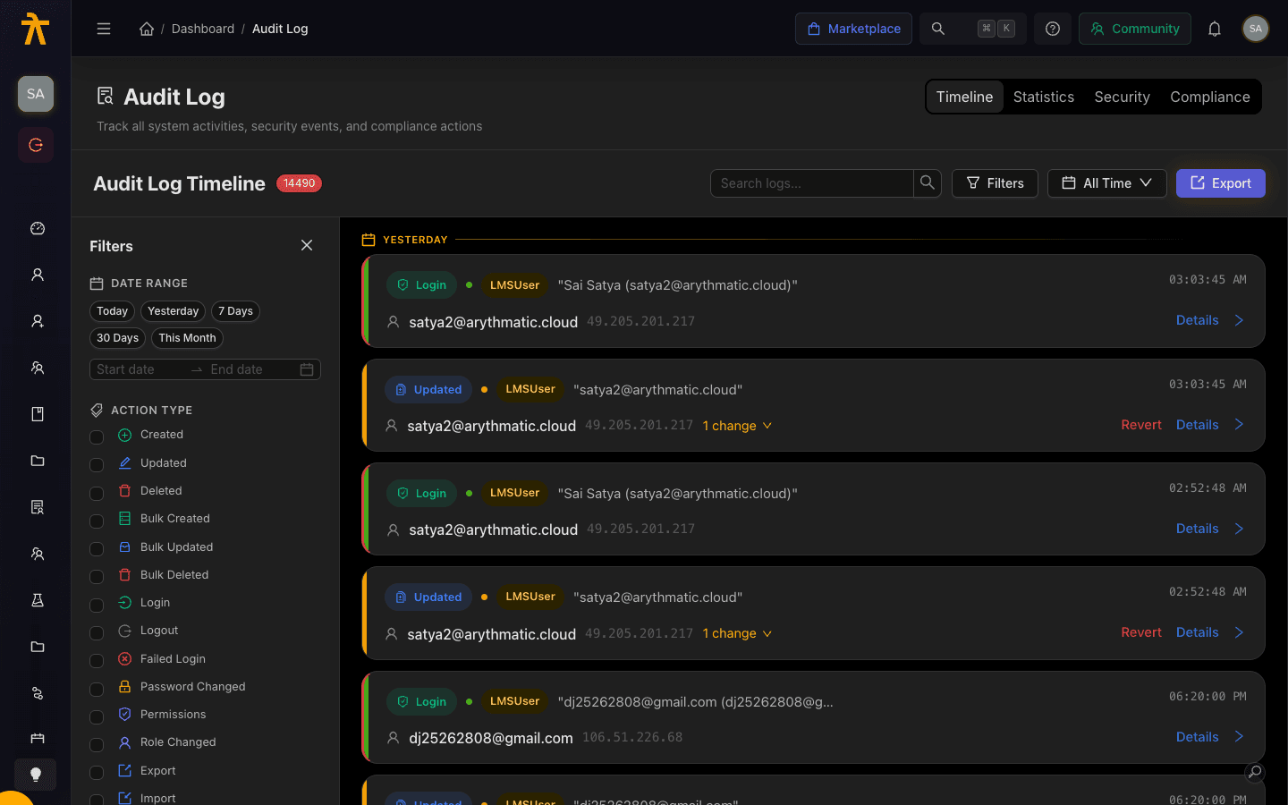 Audit Log page showing a chronological timeline of activity entries with severity badges and a filter panel.
