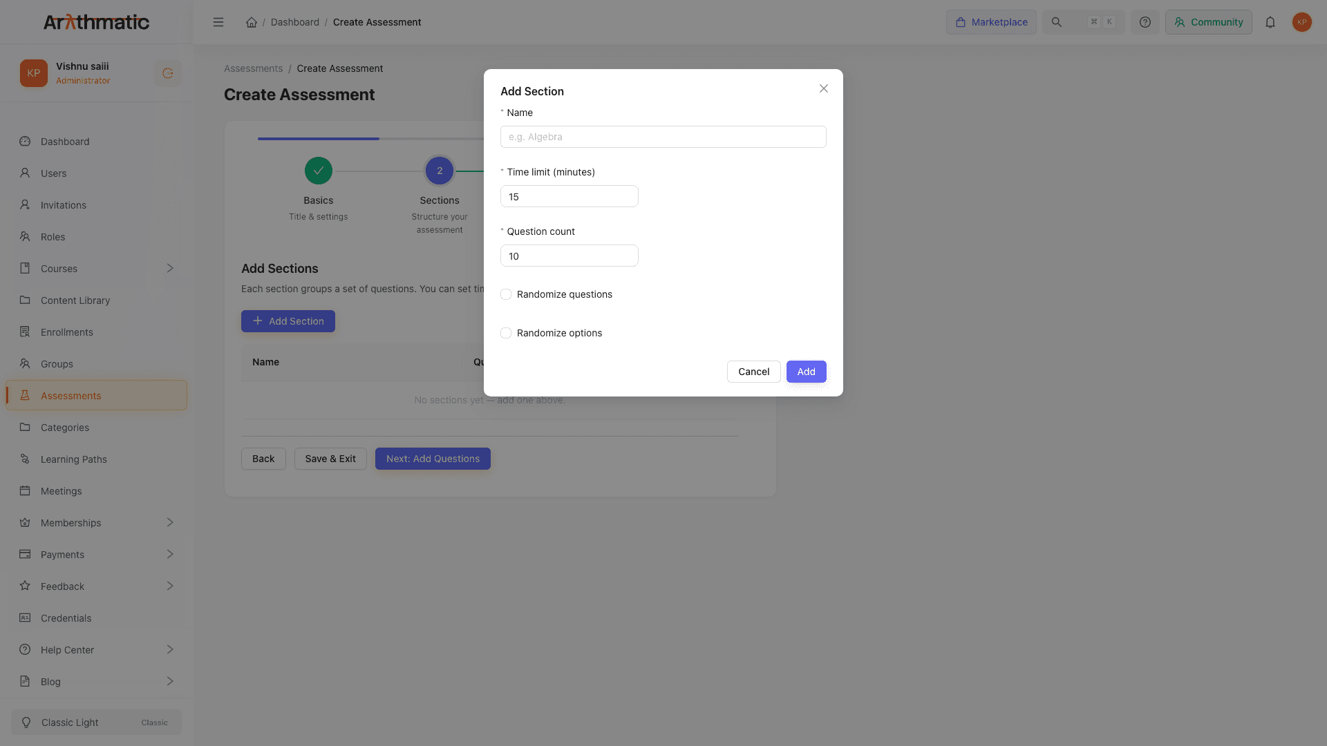 Add Section modal showing section name, time limit, question count, and randomise toggles
