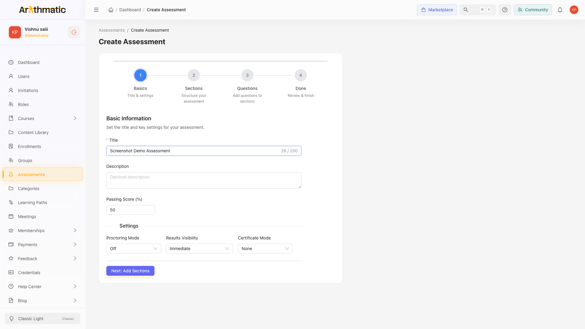 Assessment creation wizard step 1 showing basic information fields