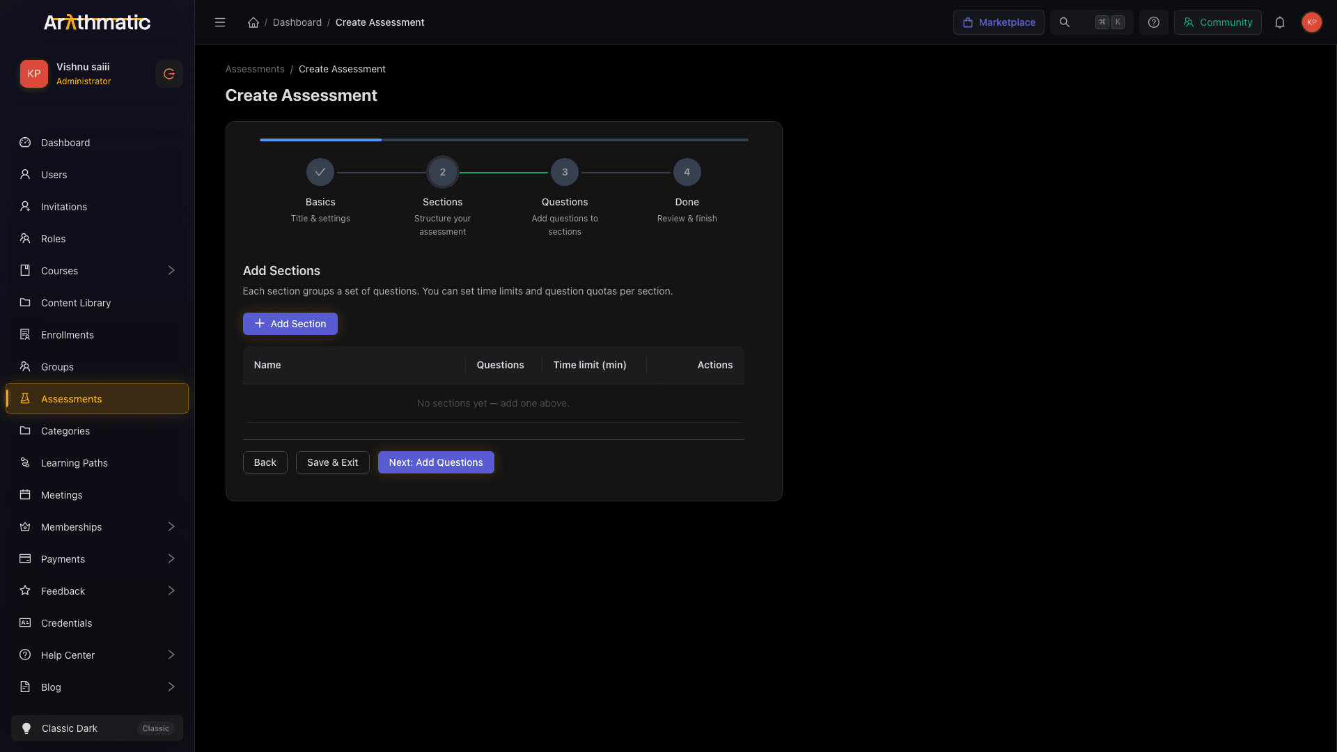Assessment creation wizard step 2 showing the sections table and Add Section button