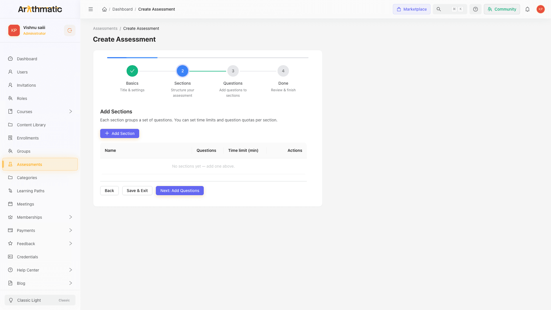 Assessment creation wizard step 2 showing the sections table and Add Section button