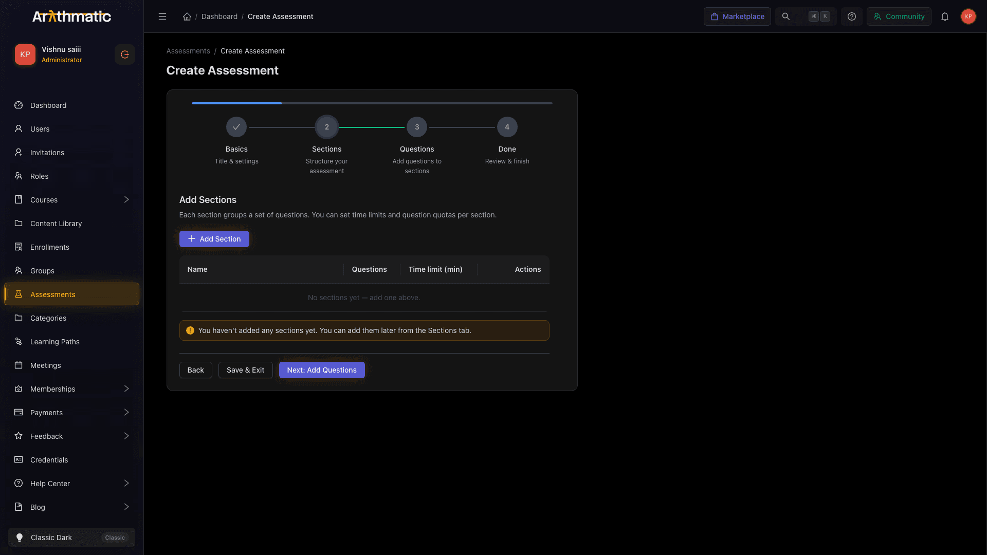 The Submissions page — every learner submission with status, score, and a grading drawer