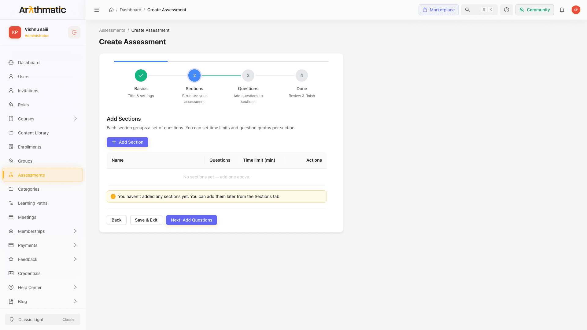 The Submissions page — every learner submission with status, score, and a grading drawer