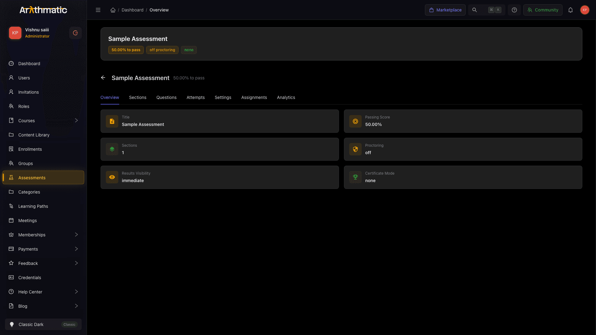 Assessment detail overview showing score distribution and pass rate analytics