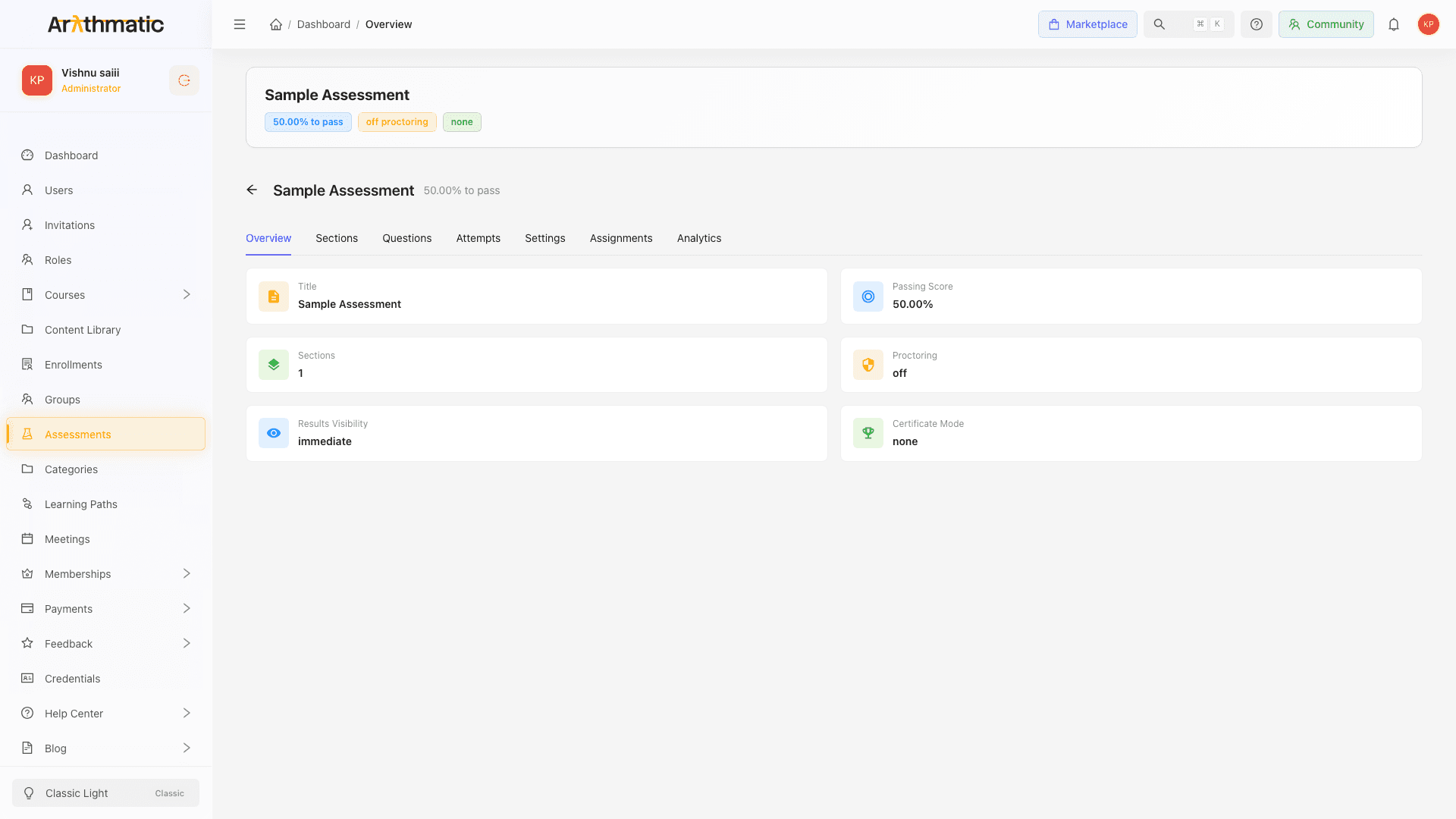 Assessment detail overview showing score distribution and pass rate analytics
