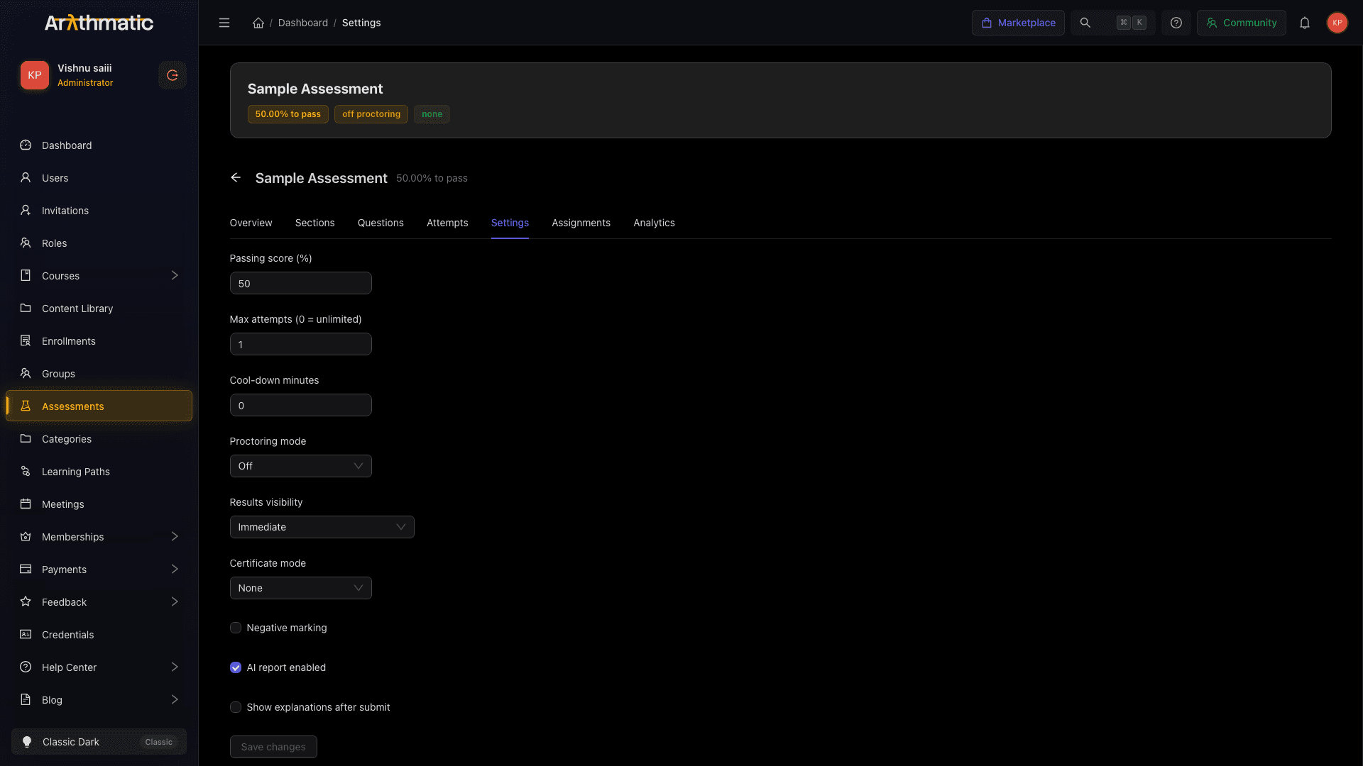 Assessment Settings tab showing all configurable fields