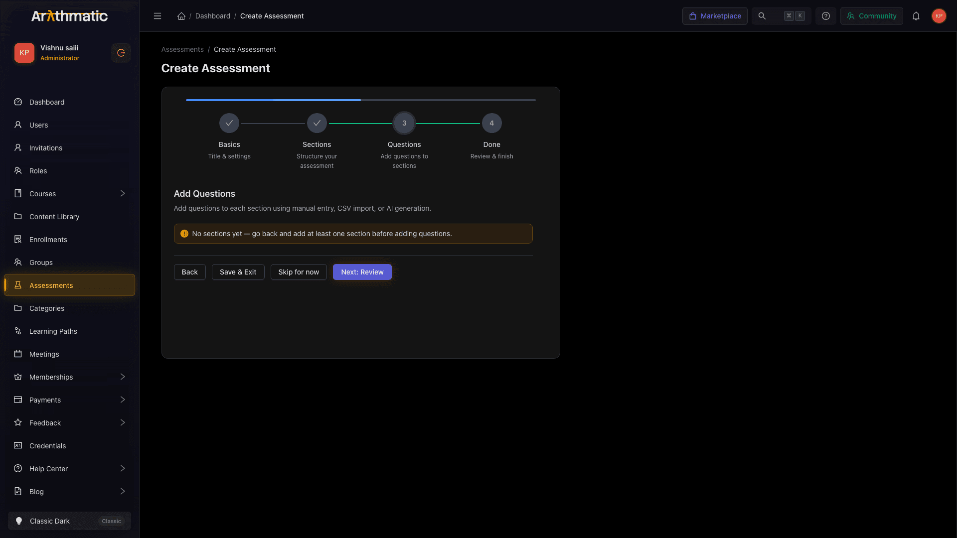 Add Question modal showing question type selector and form fields