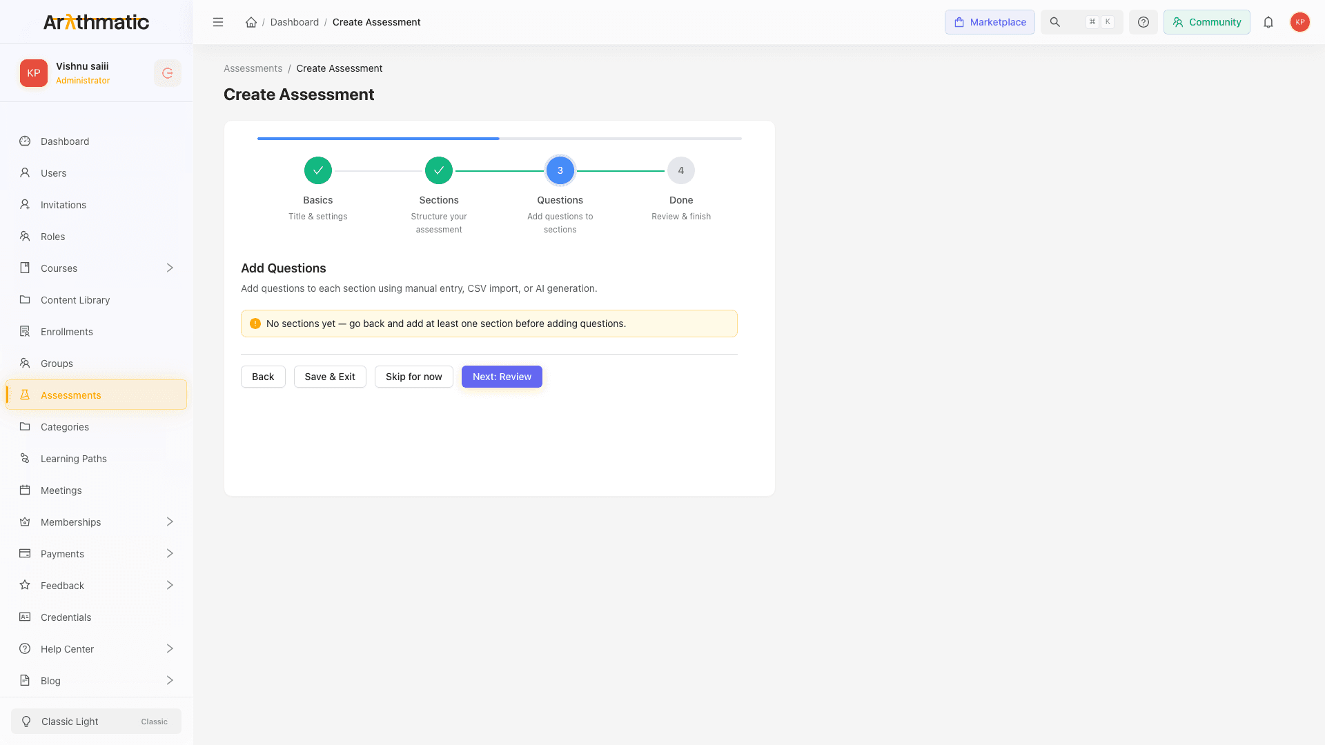 Add Question modal showing question type selector and form fields