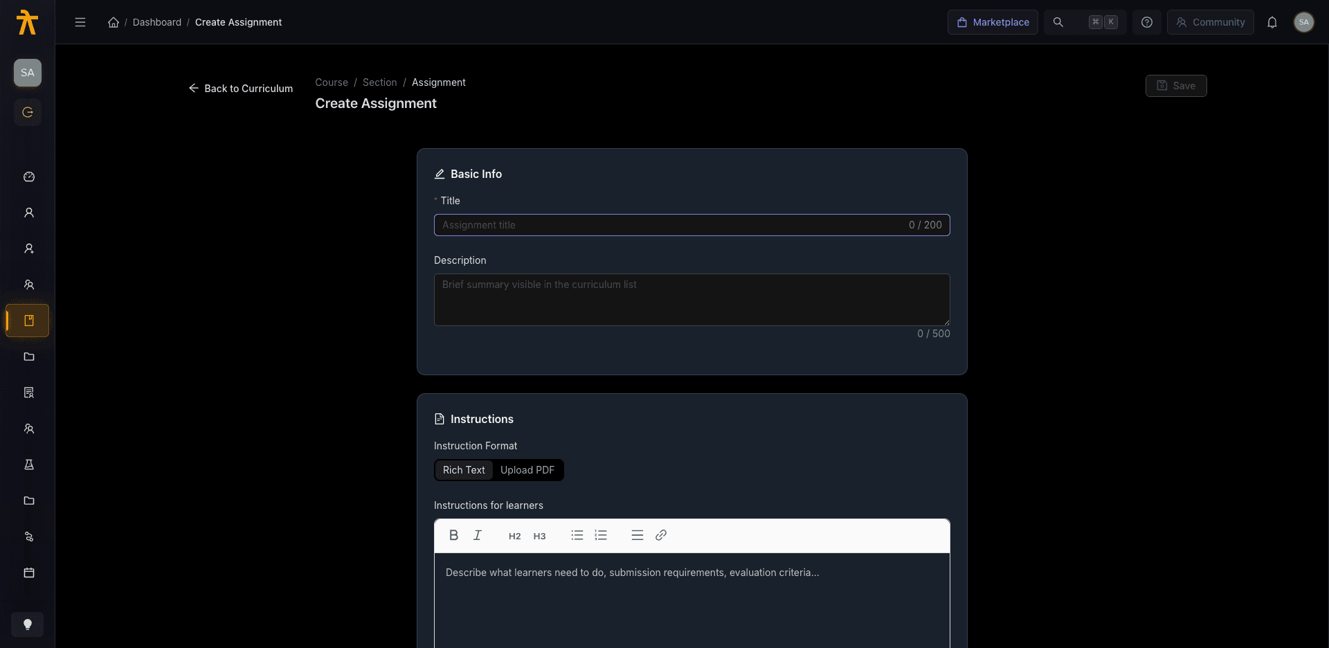 The Assignment editor — instructions, submission settings, and grading options