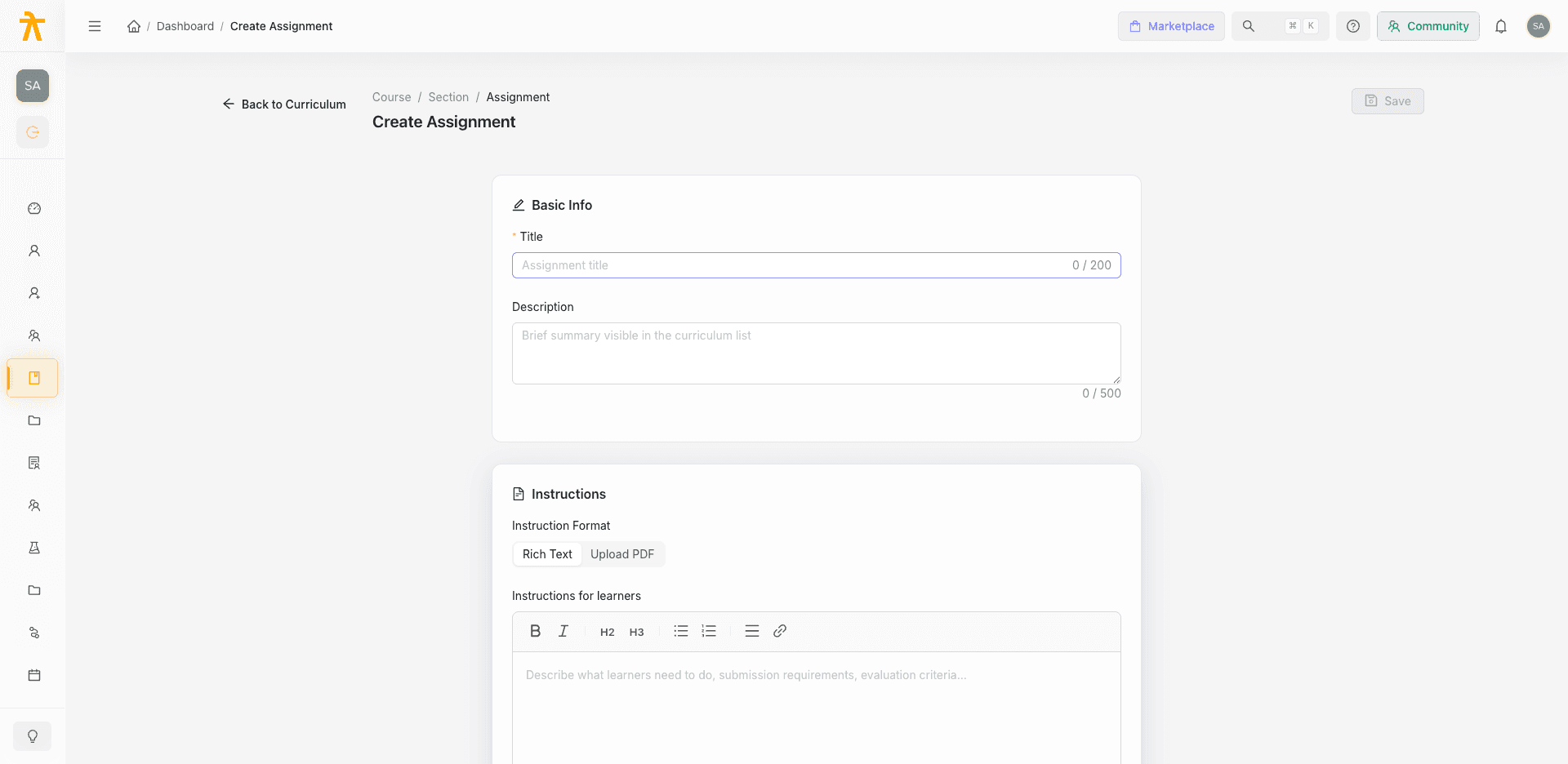 The Assignment editor — instructions, submission settings, and grading options