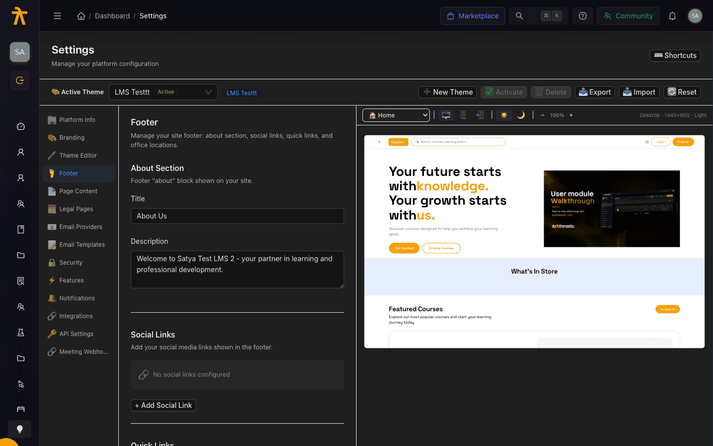 Footer settings editor showing the about block, social links, quick links, and offices sections.