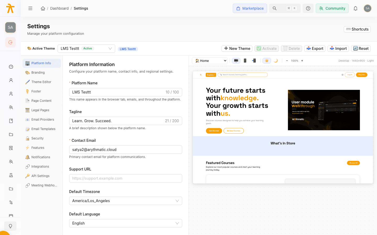 Page Content settings showing the hero, What's In Store, testimonials, and membership plans editors.
