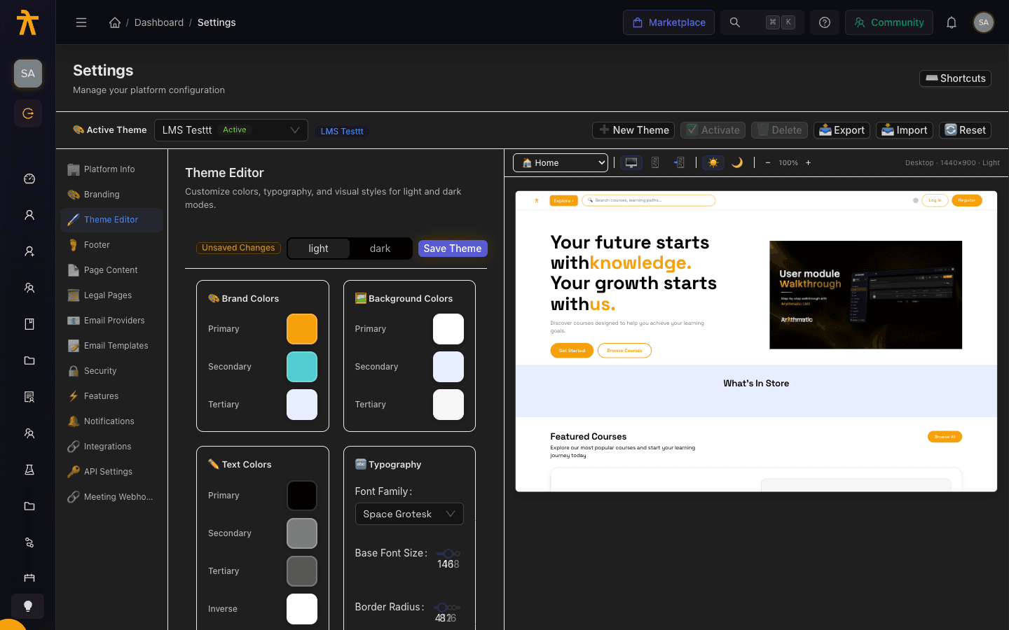 Arythmatic Theme Editor showing brand, background, and text color pickers beside a live preview of the learner site.
