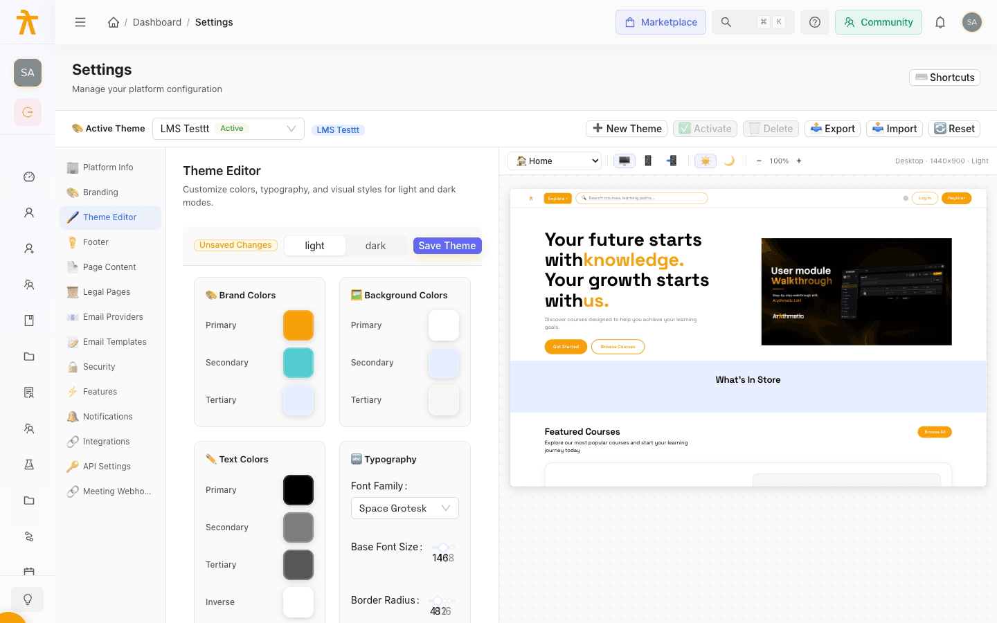 Arythmatic Theme Editor showing brand, background, and text color pickers beside a live preview of the learner site.