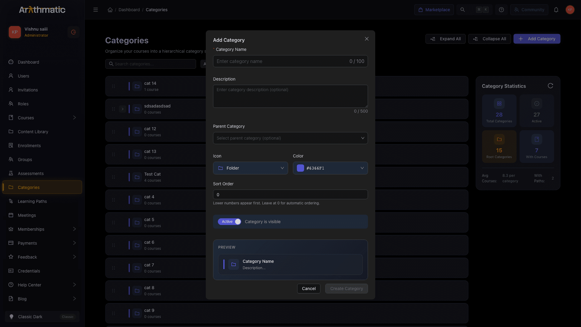 Add Category modal with all available fields