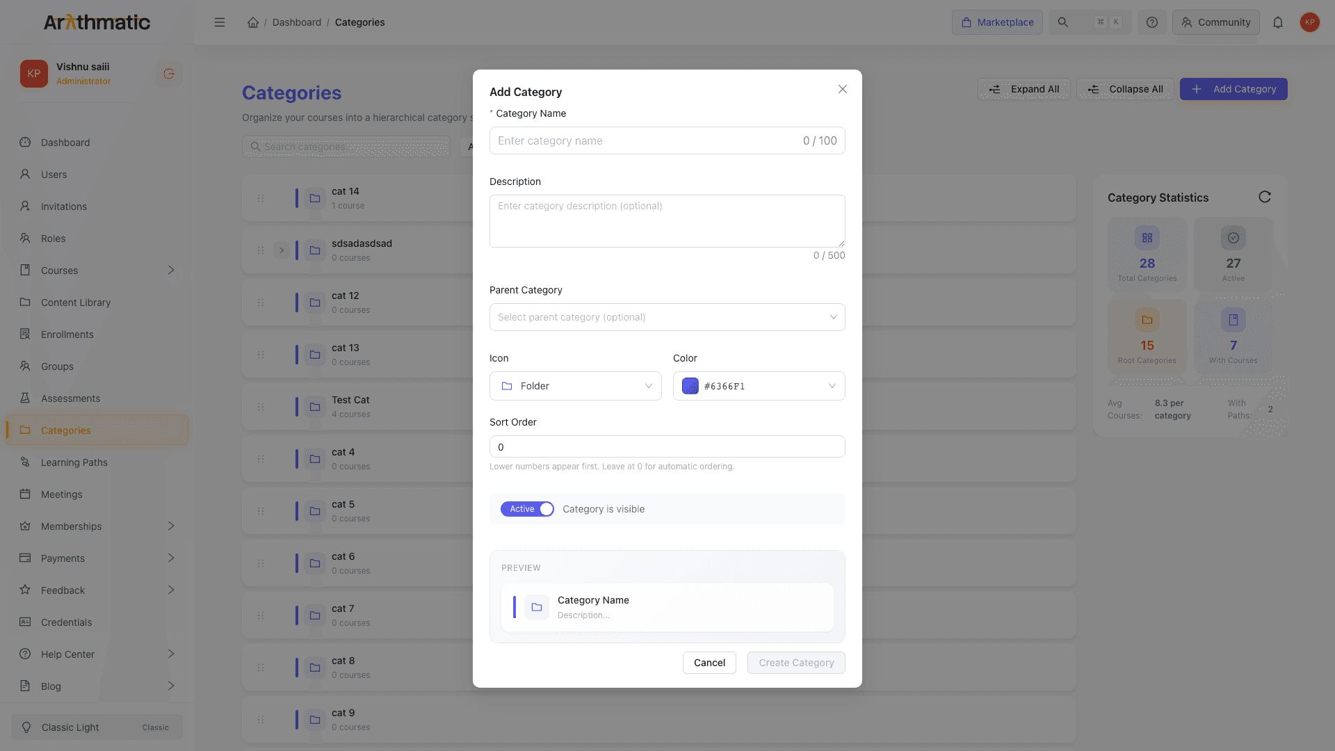 Add Category modal with all available fields