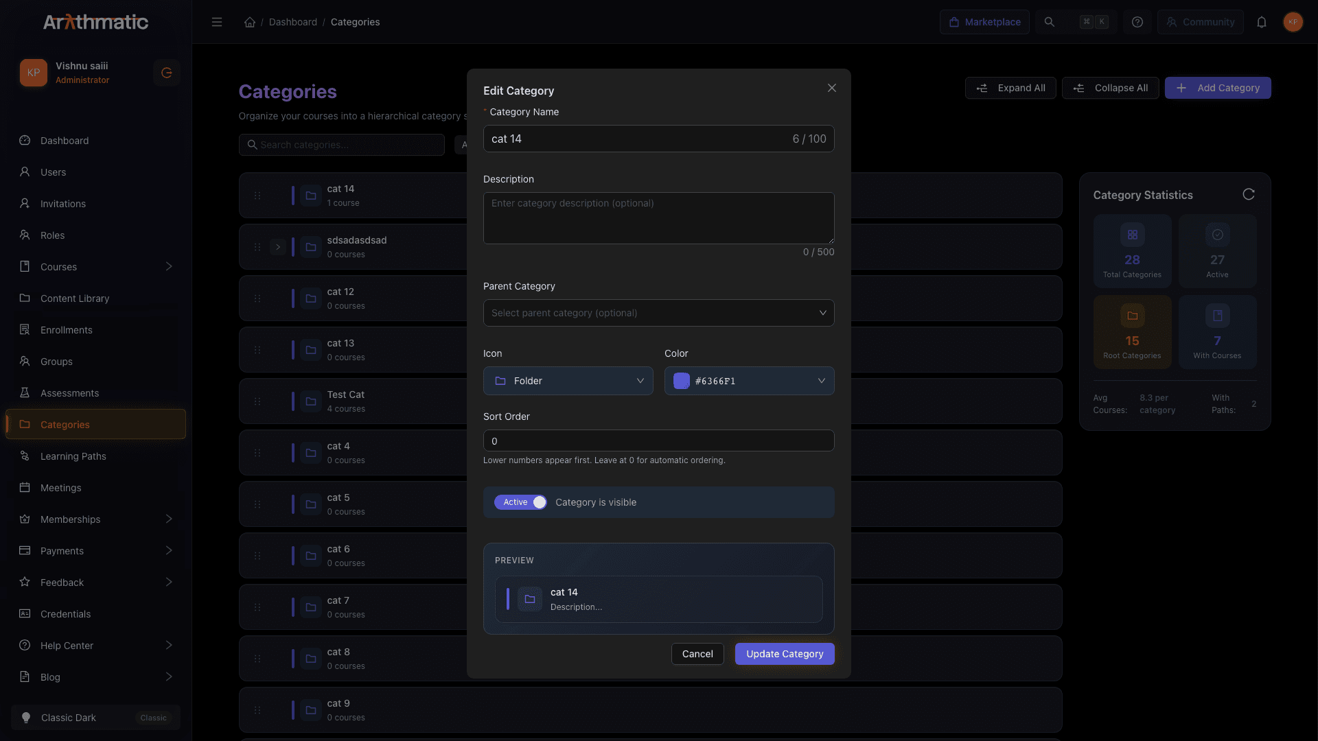 Edit Category modal showing existing category values