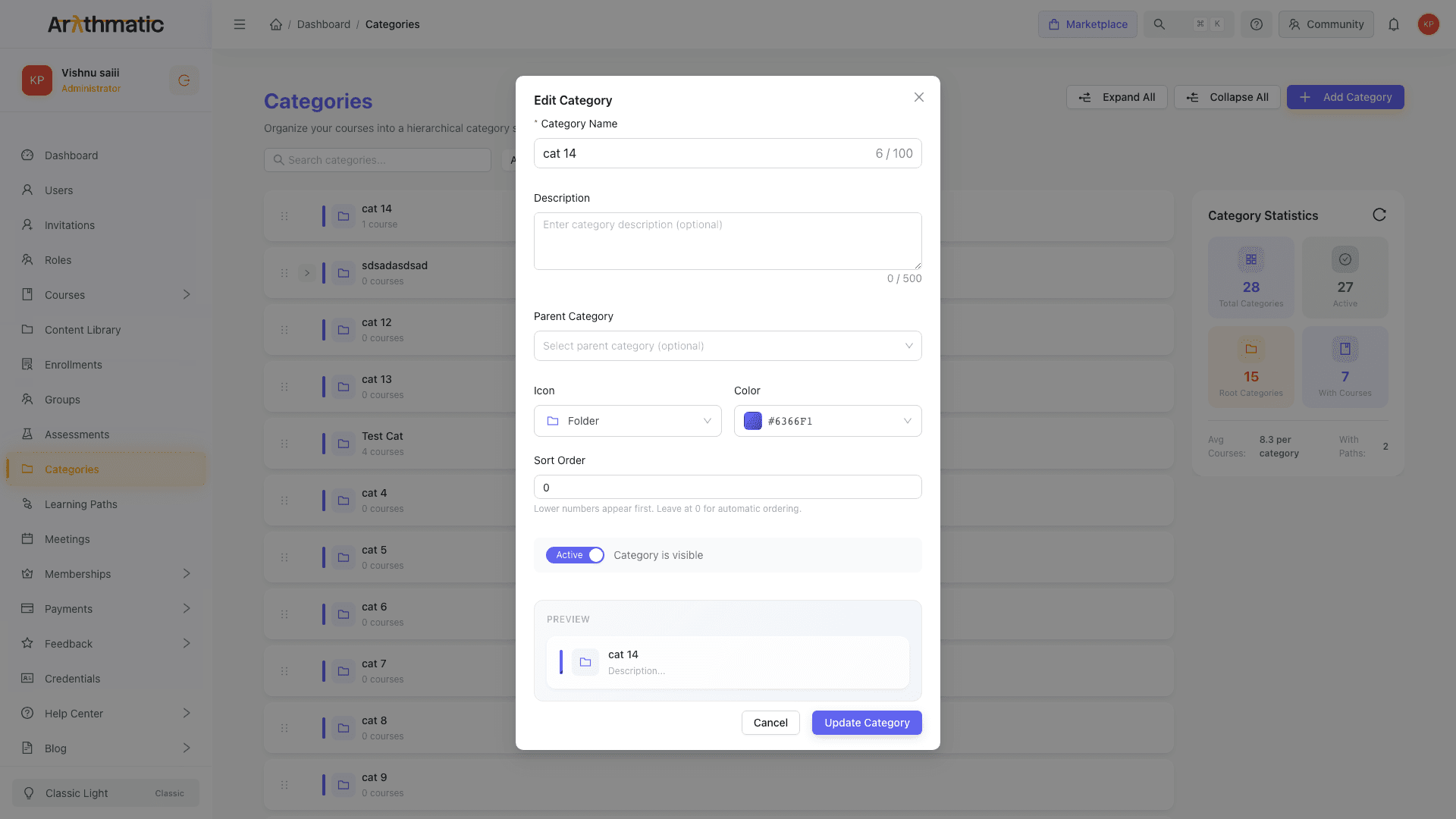 Edit Category modal showing existing category values