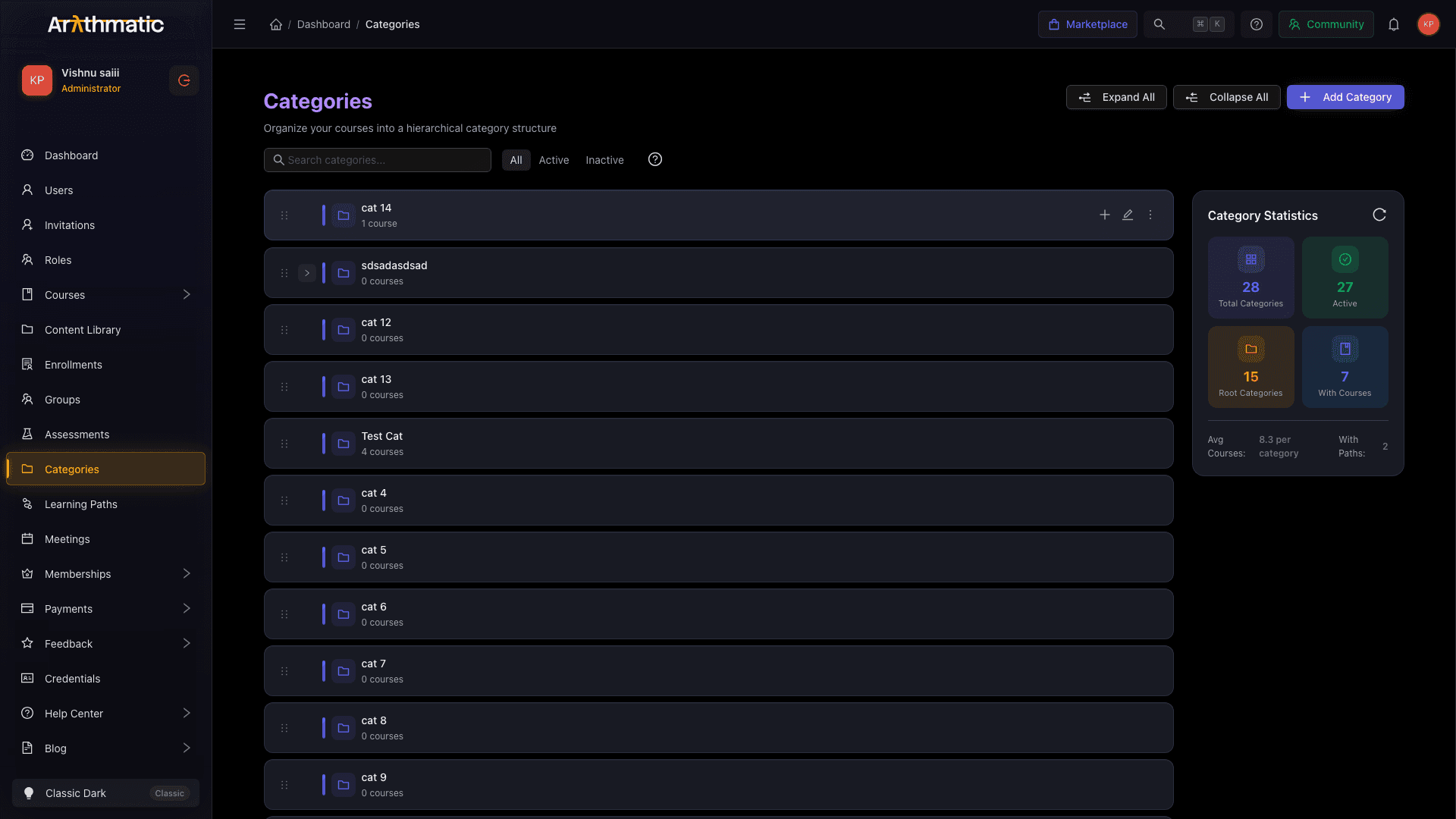 Categories page showing a hierarchical tree of course categories