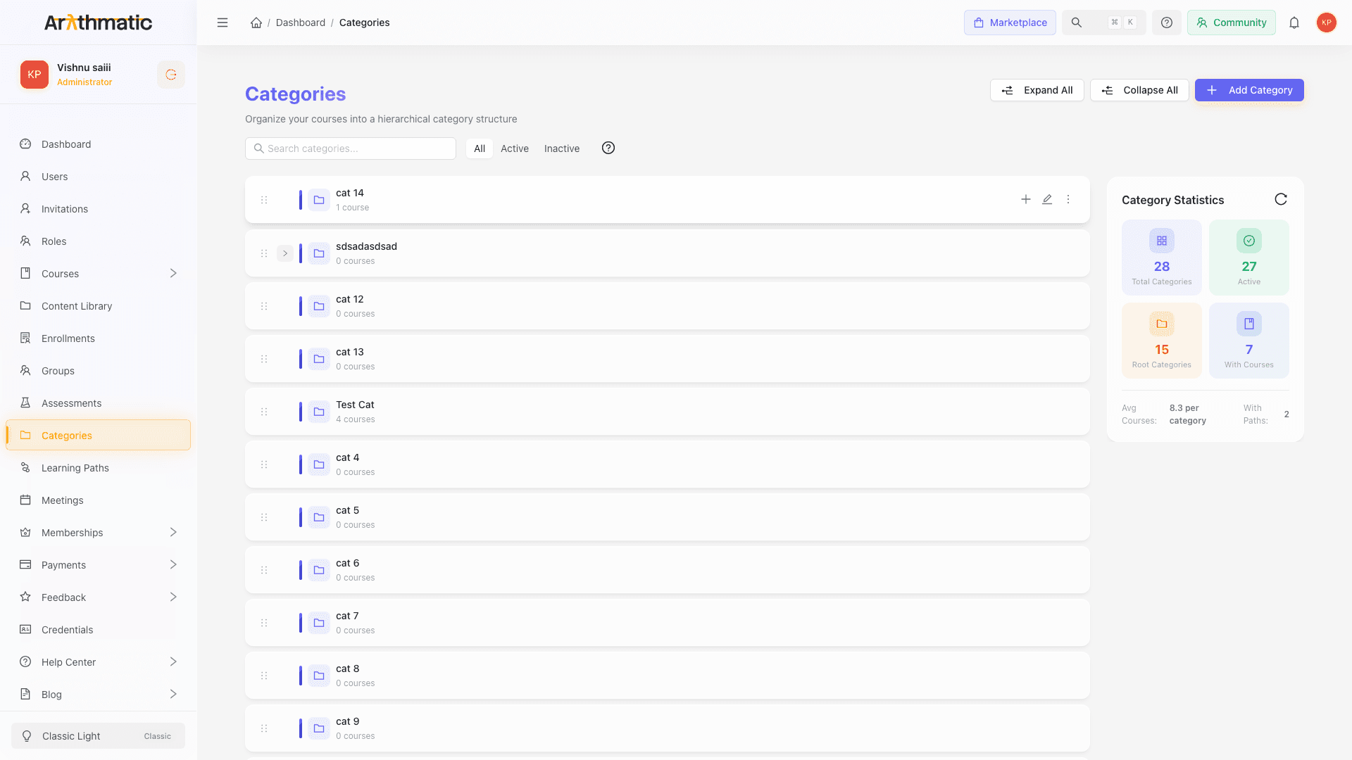Categories page showing a hierarchical tree of course categories