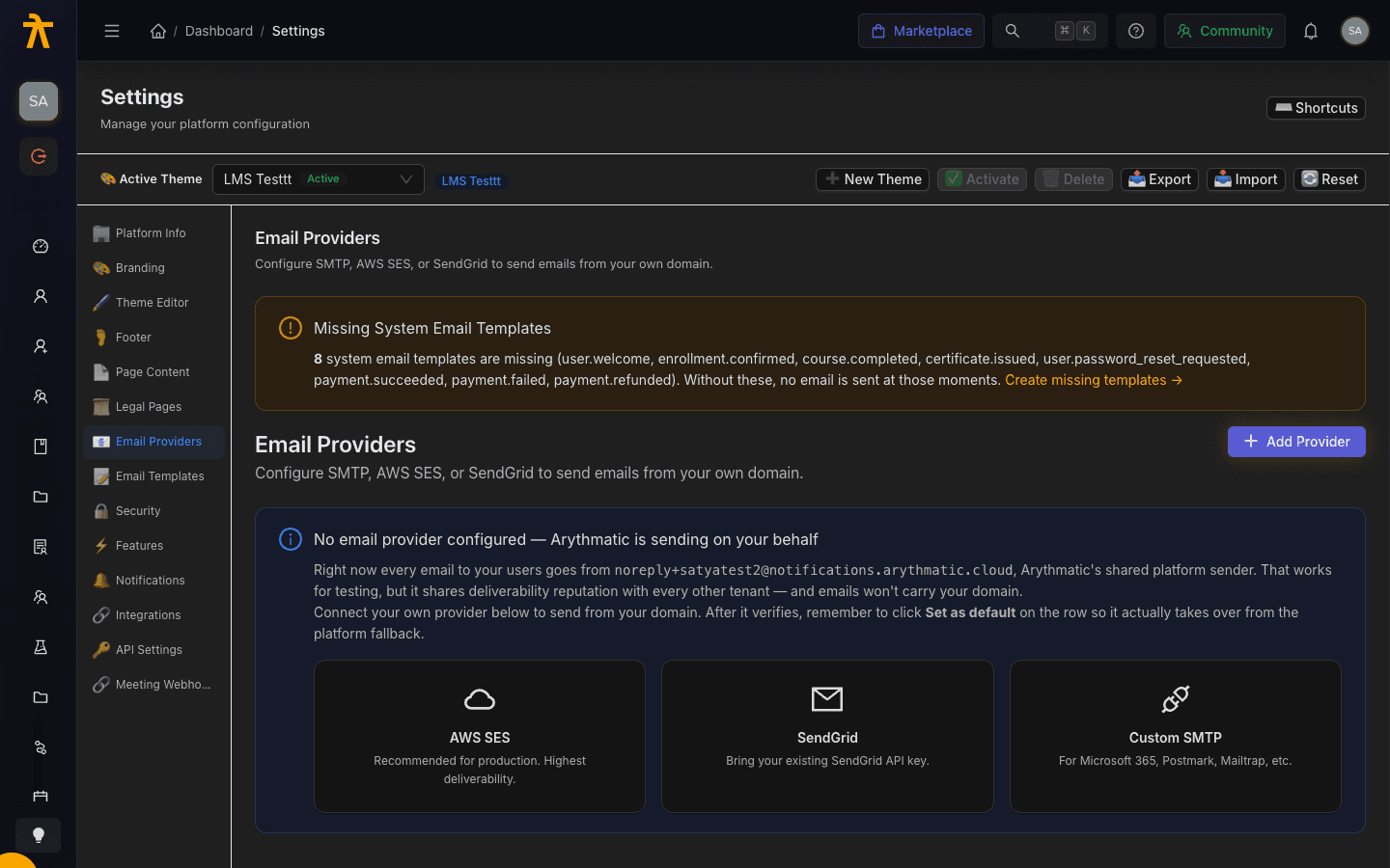 Email Providers settings page listing a provider with status, default, circuit, and usage columns