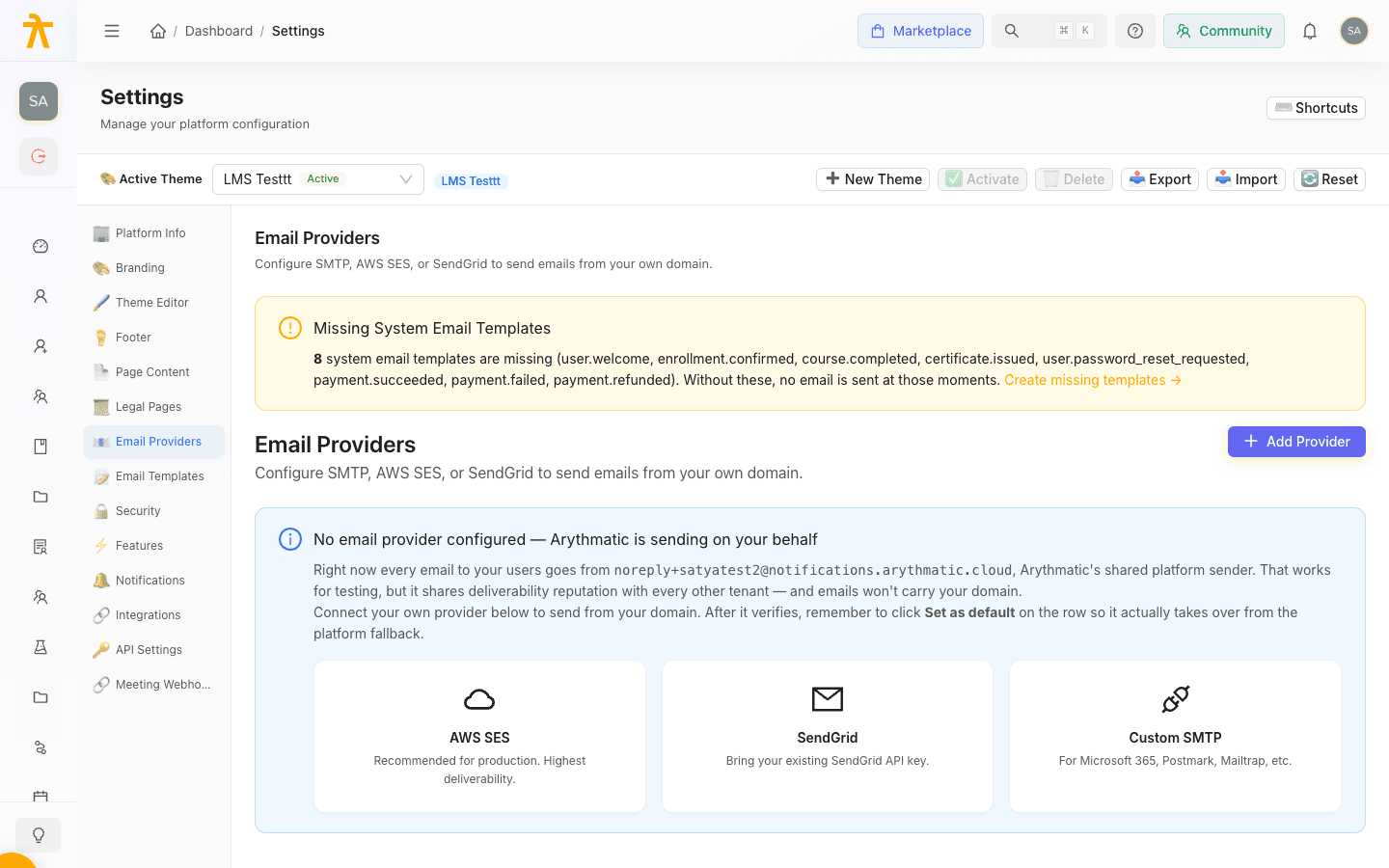 Email Providers settings page listing a provider with status, default, circuit, and usage columns