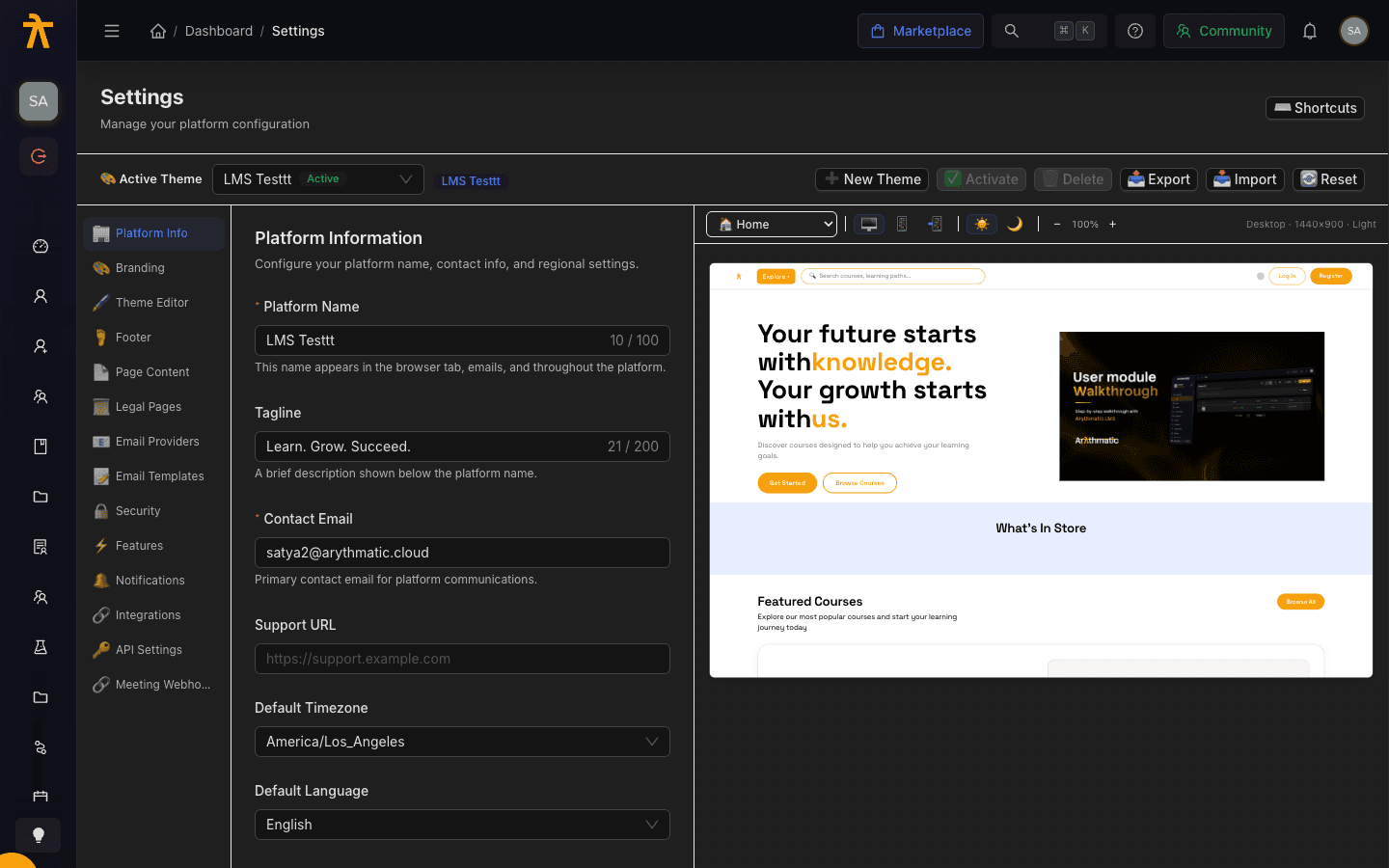 Email Templates settings showing the template list and the editor panel with subject and HTML content fields.