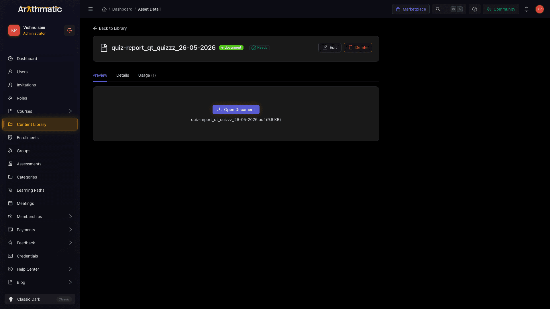Asset detail page showing video preview and metadata