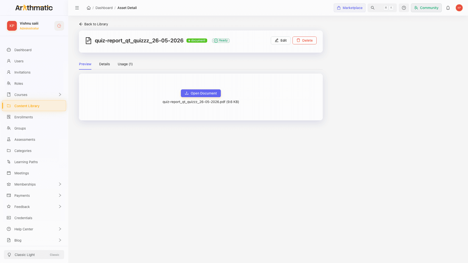 Asset detail page showing video preview and metadata