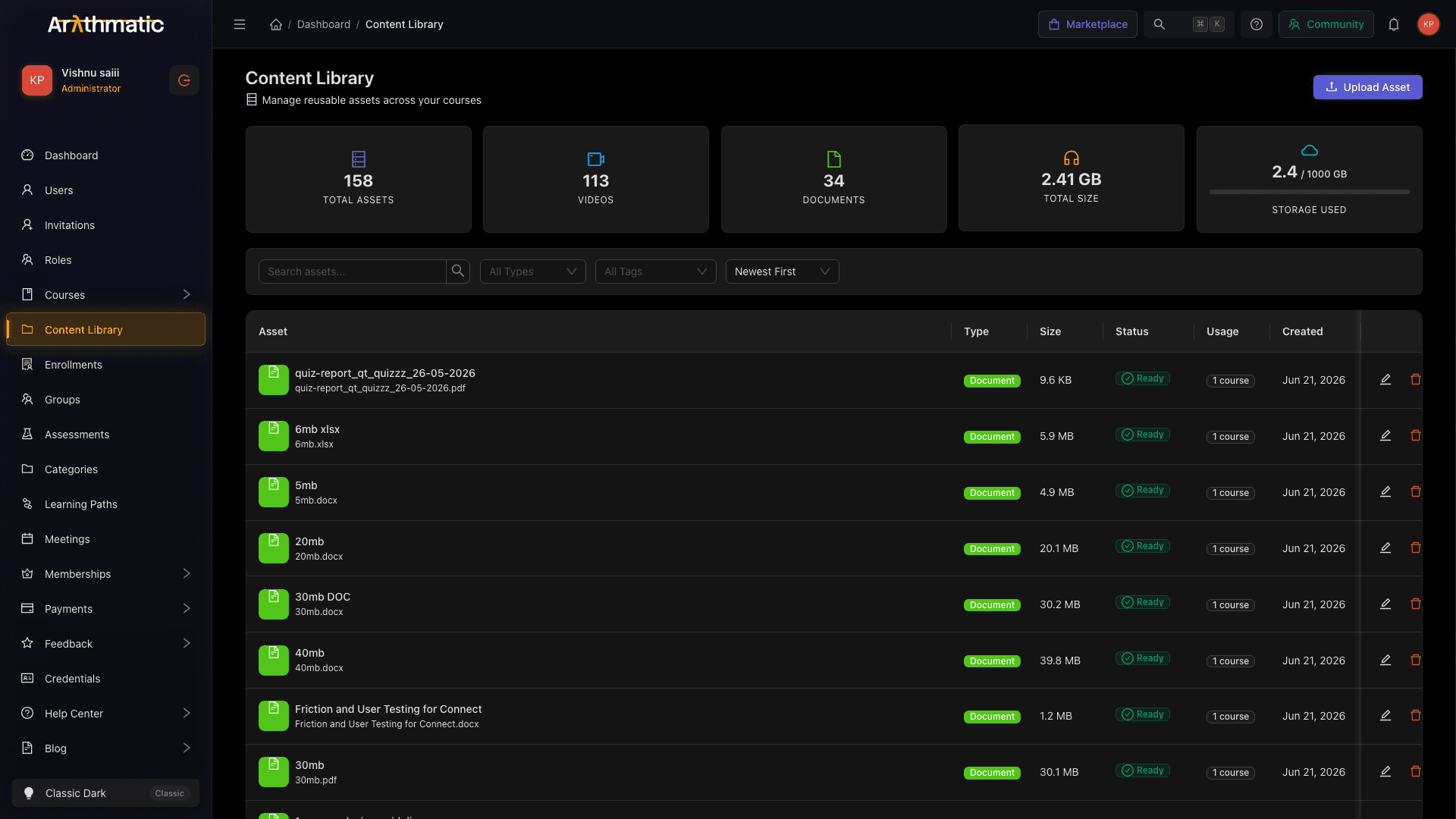 Content Library page showing asset statistics and a list of uploaded assets