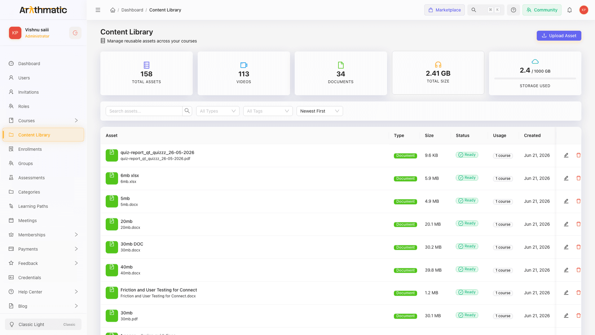 Content Library page showing asset statistics and a list of uploaded assets