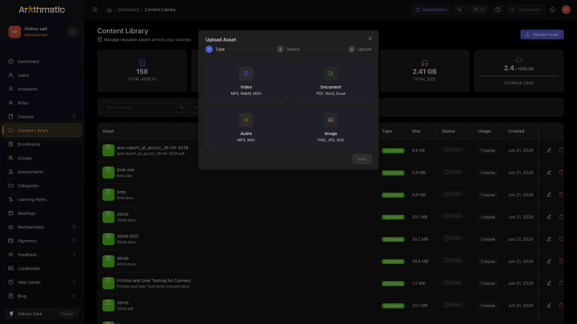Upload Asset modal showing file selection and metadata fields