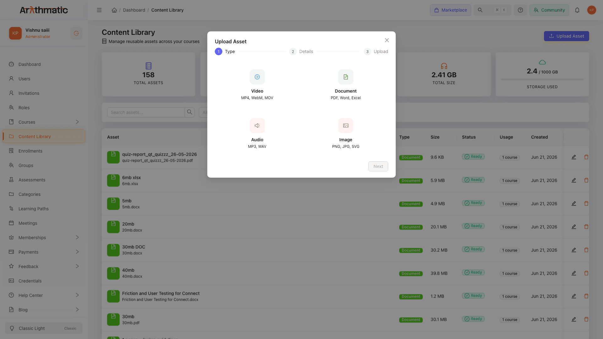 Upload Asset modal showing file selection and metadata fields