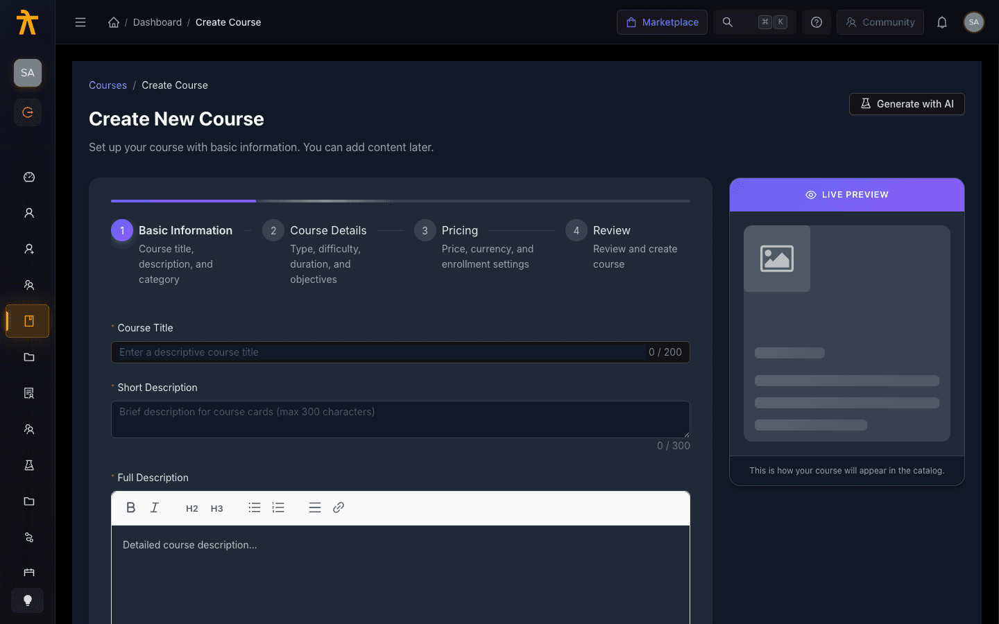The Create Course wizard — Basic Information step