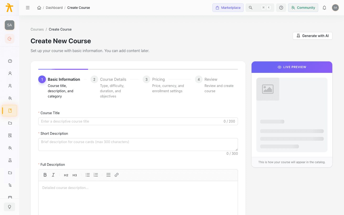 The Create Course wizard — Basic Information step