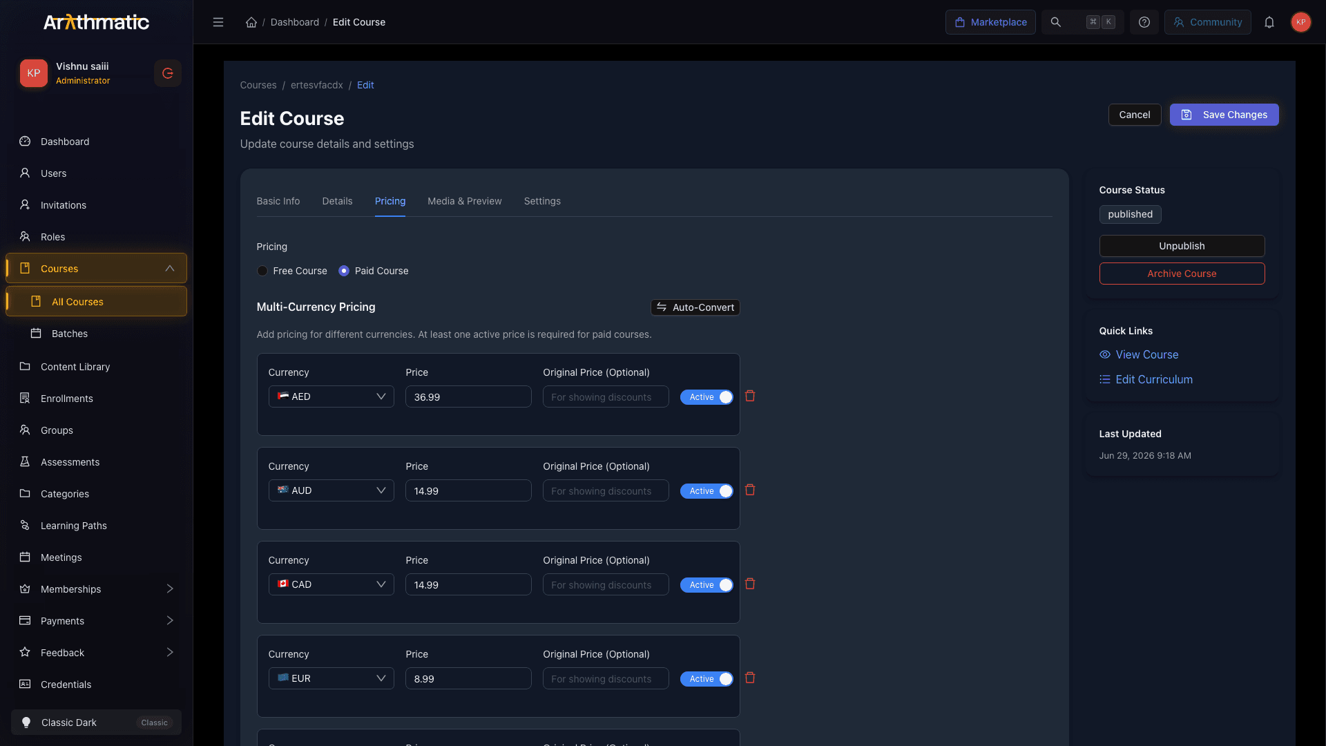 Course Pricing tab showing free/paid radio and multi-currency price rows
