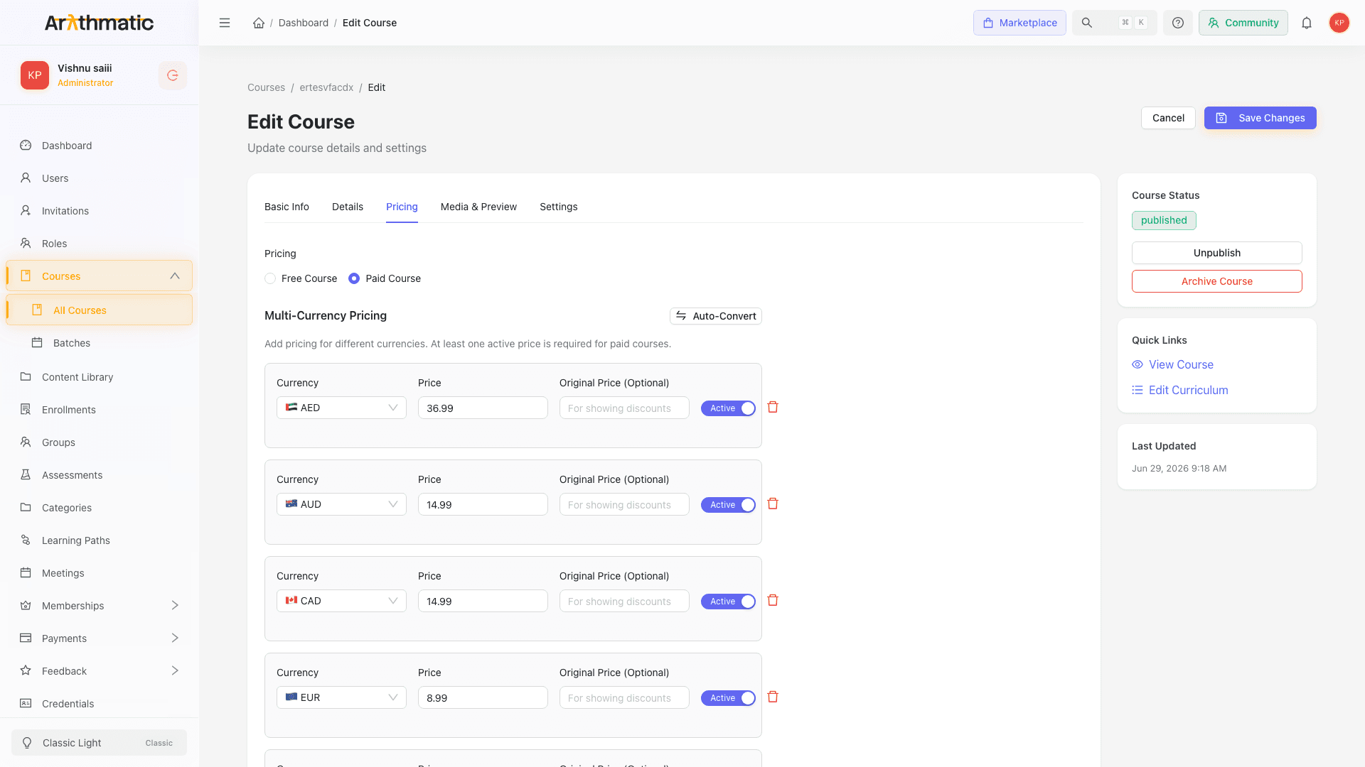 Course Pricing tab showing free/paid radio and multi-currency price rows