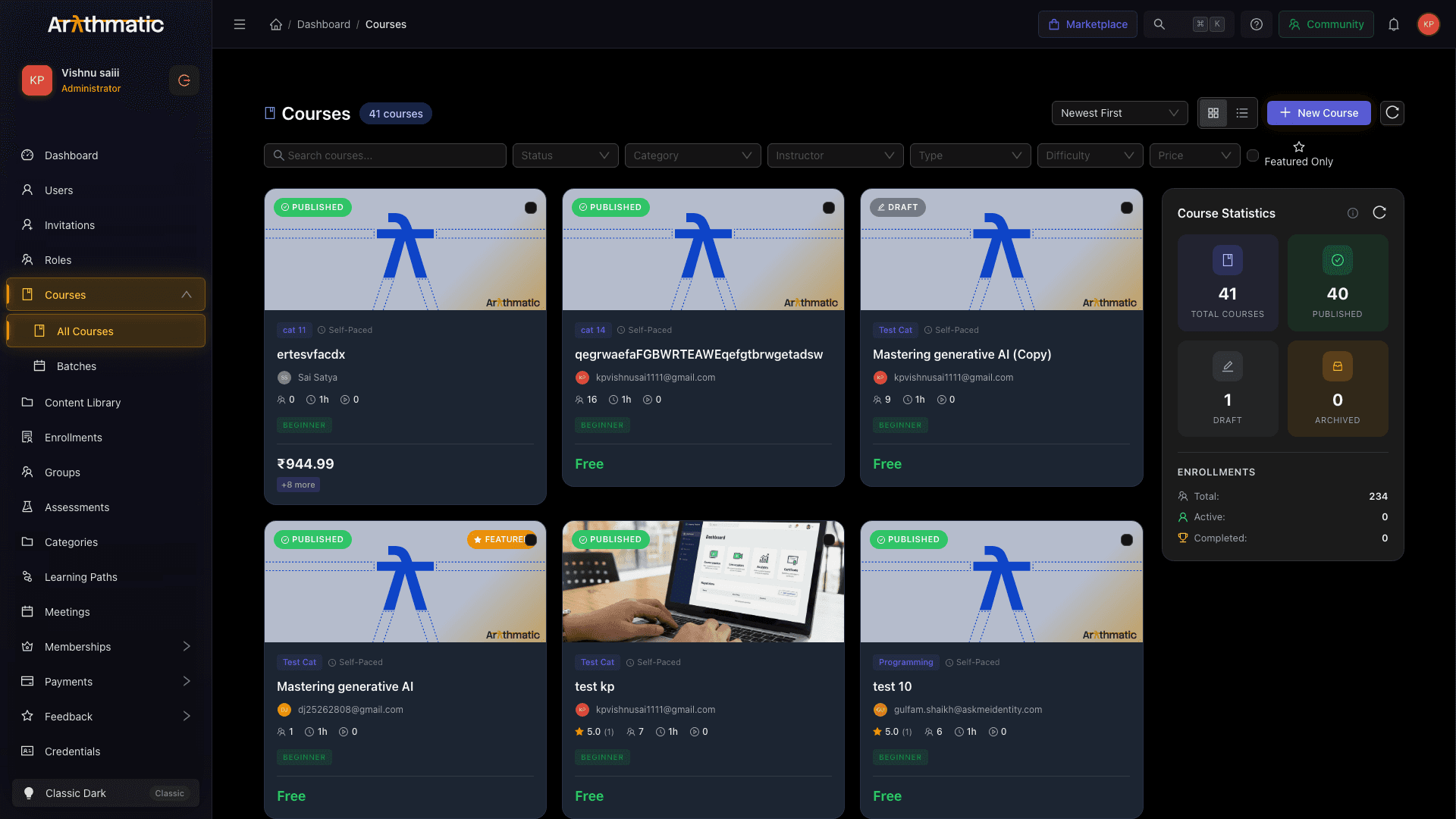 The Courses list page with filters, course cards, and the statistics sidebar