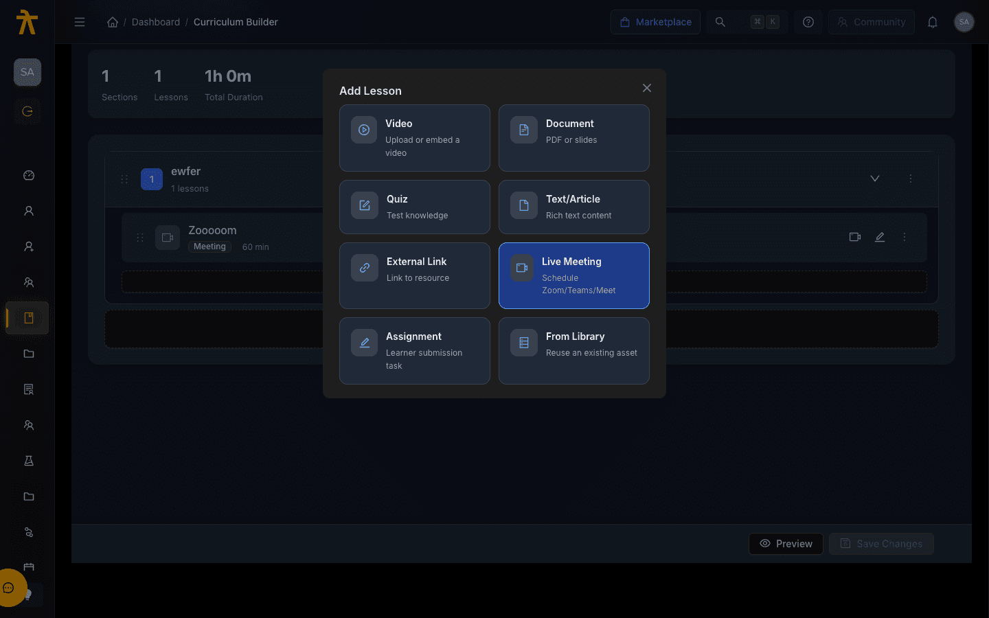 The Add Lesson picker showing the content types