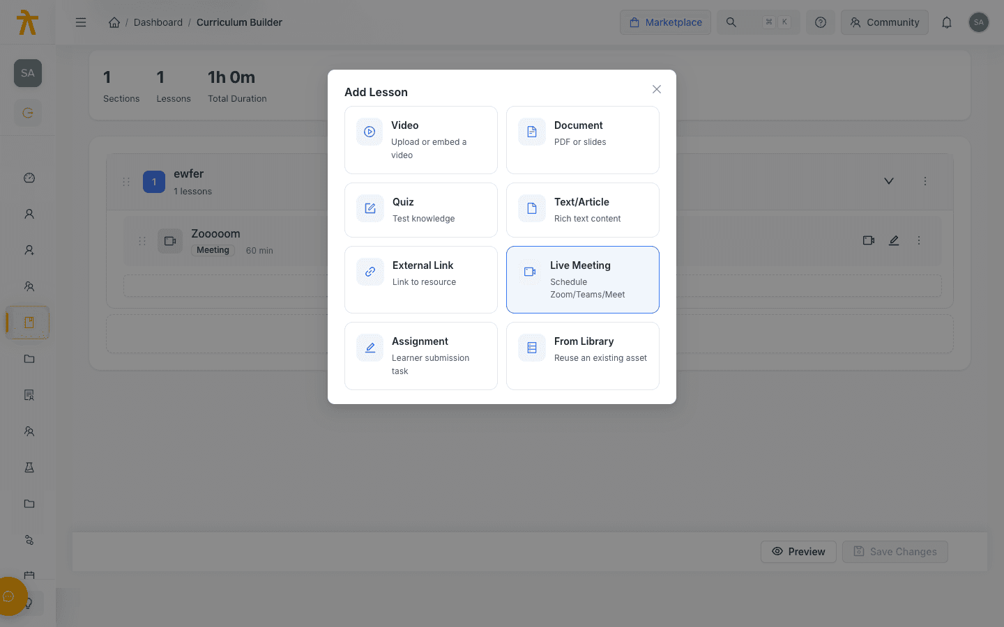 The Add Lesson picker showing the content types