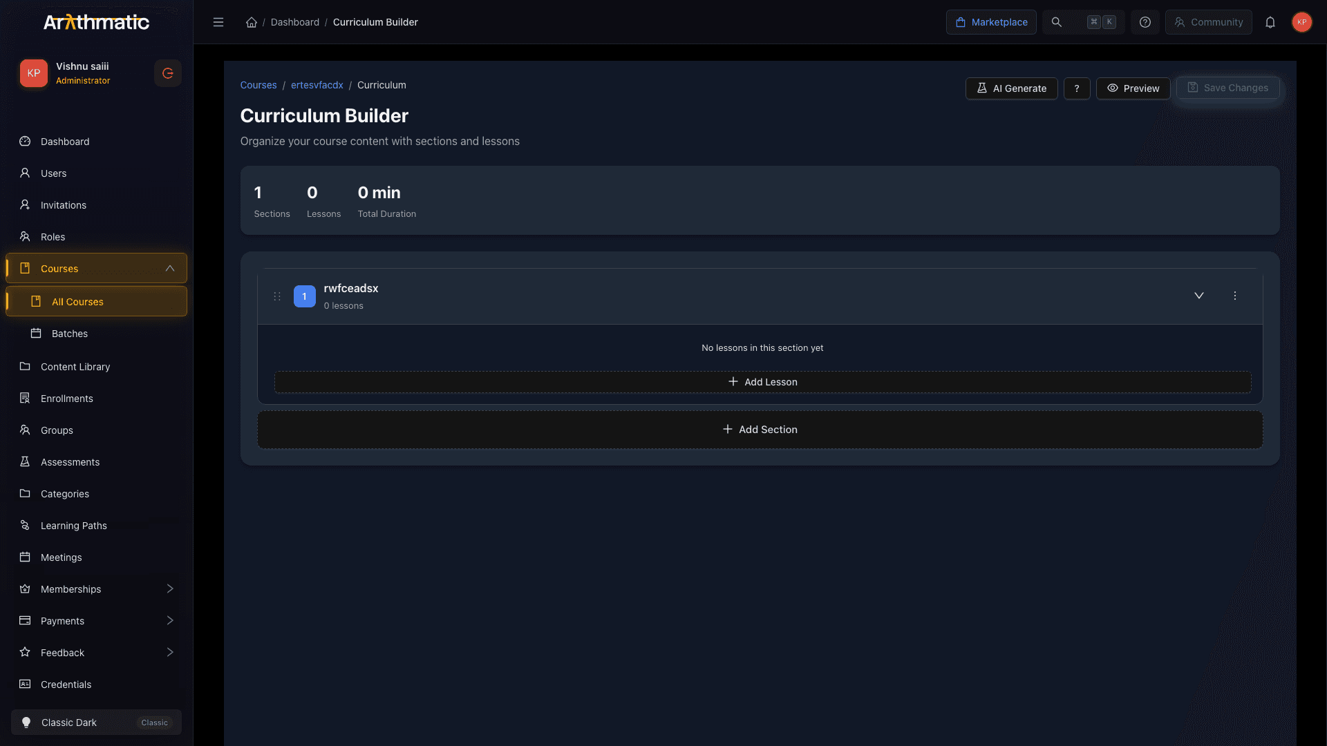 Curriculum Builder showing section and lesson stats and the add-section action