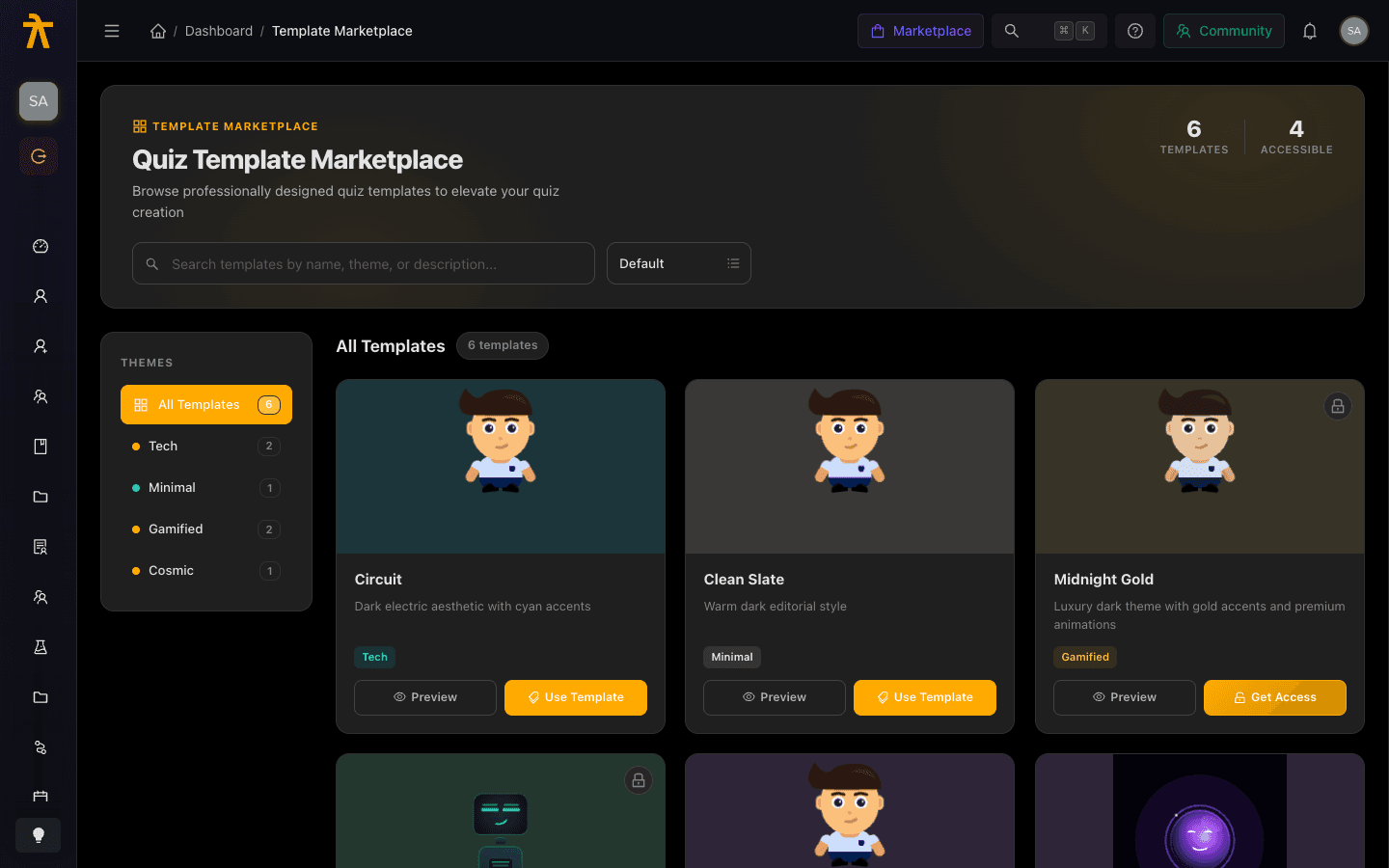 Template Marketplace grid showing quiz template cards with theme filters and a search bar.