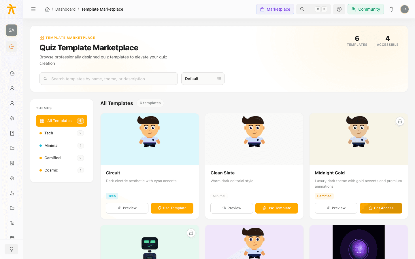 Template Marketplace grid showing quiz template cards with theme filters and a search bar.