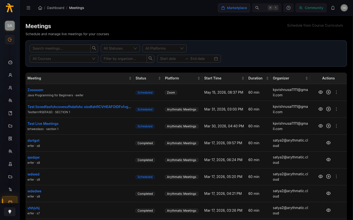 Meetings list page showing scheduled and completed live sessions across courses.