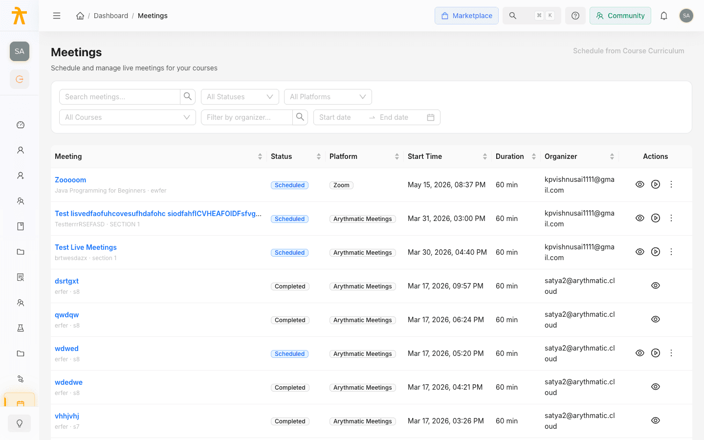Meetings list page showing scheduled and completed live sessions across courses.