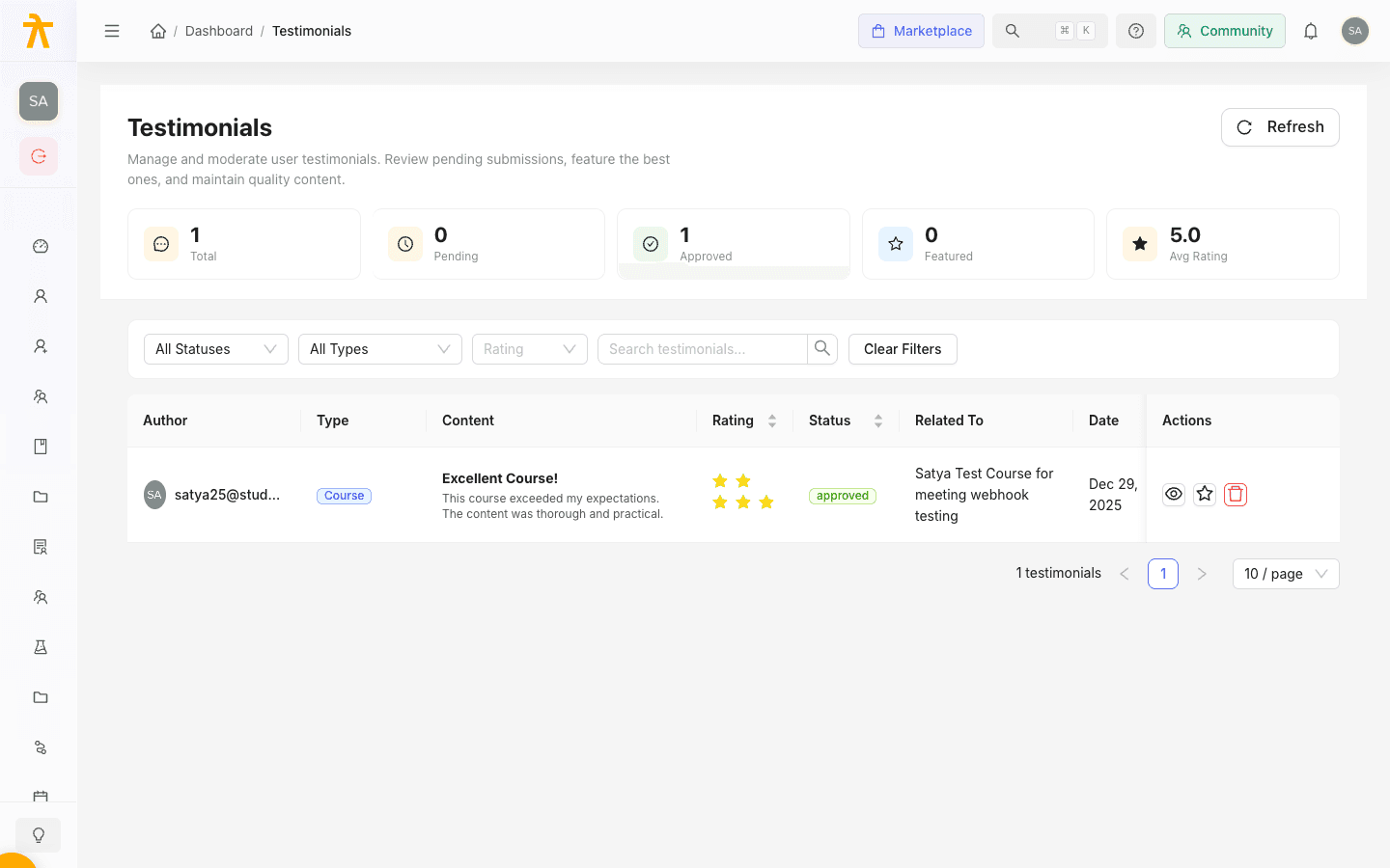 Testimonials page showing total, pending, approved, featured, and average rating stats above a filterable table of submissions.