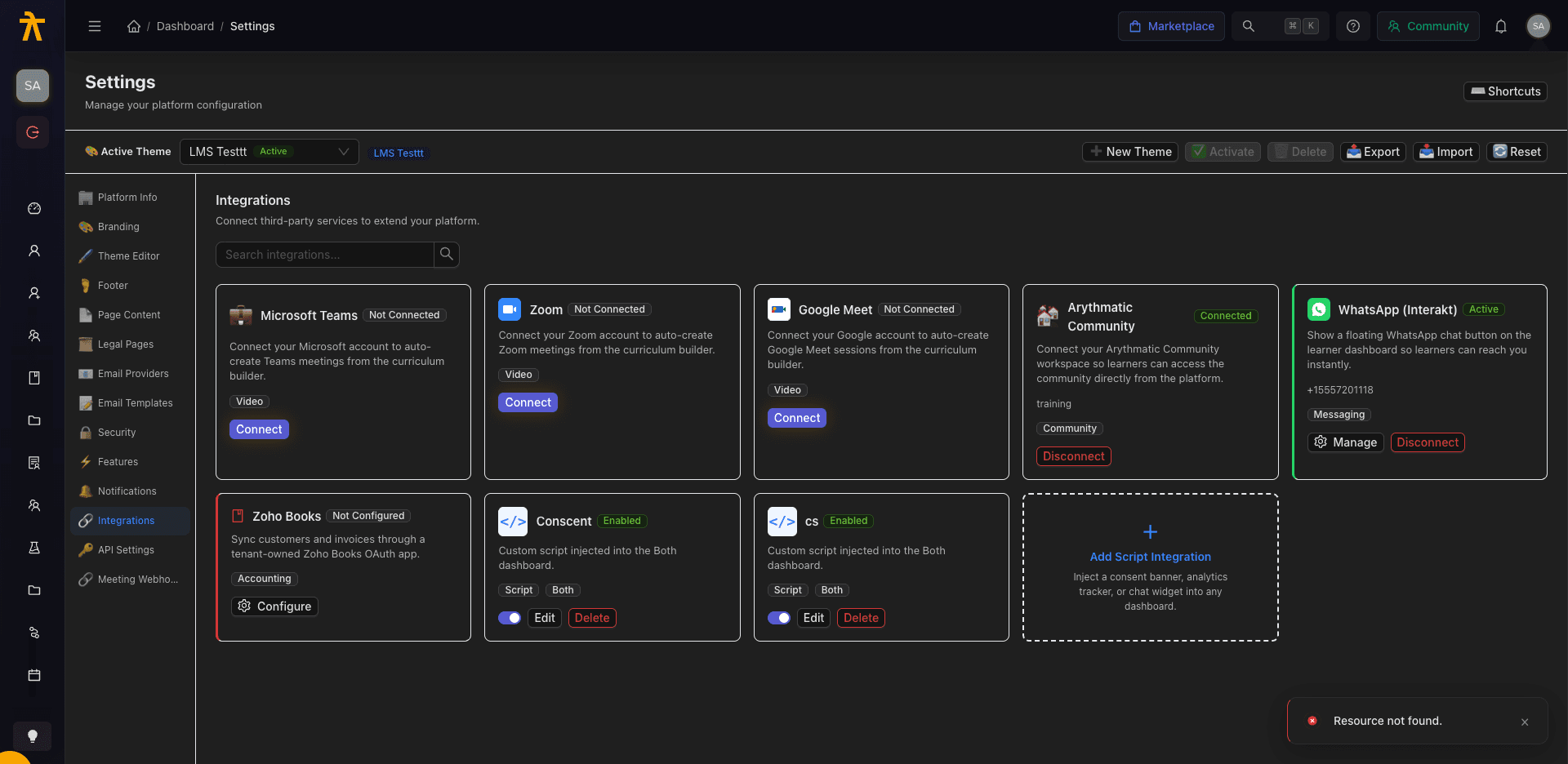 The Integrations settings tab