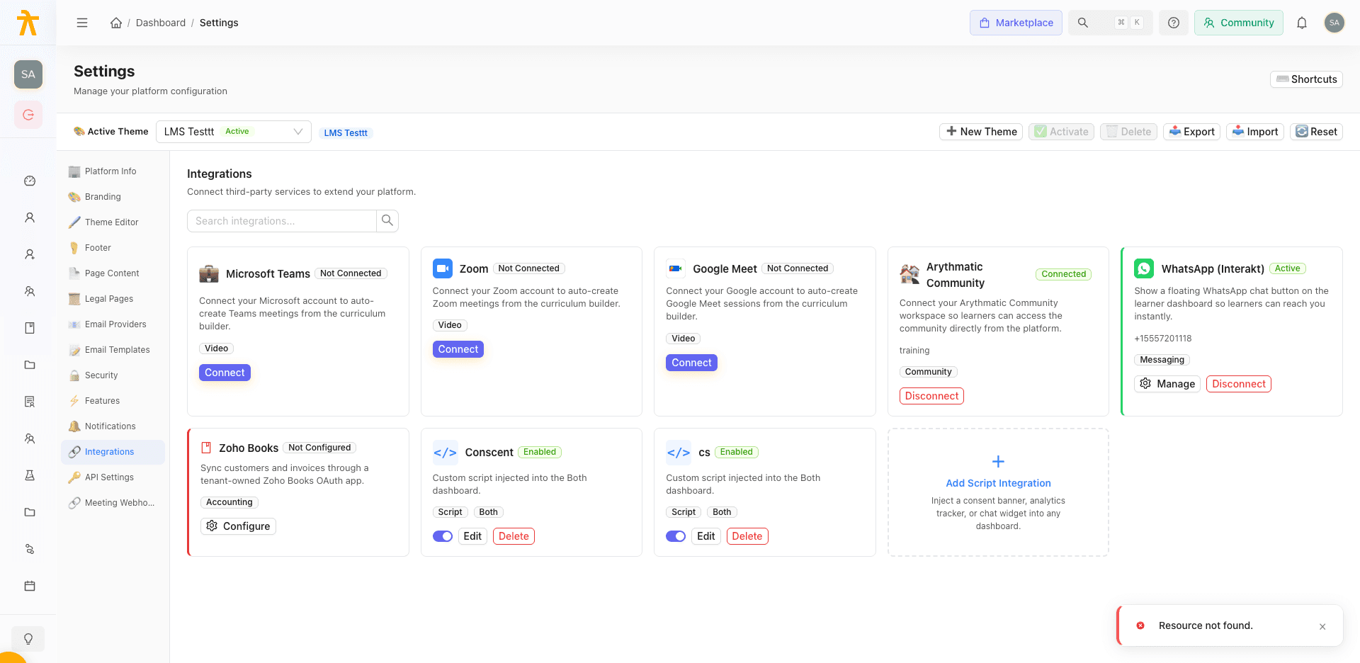 The Integrations settings tab