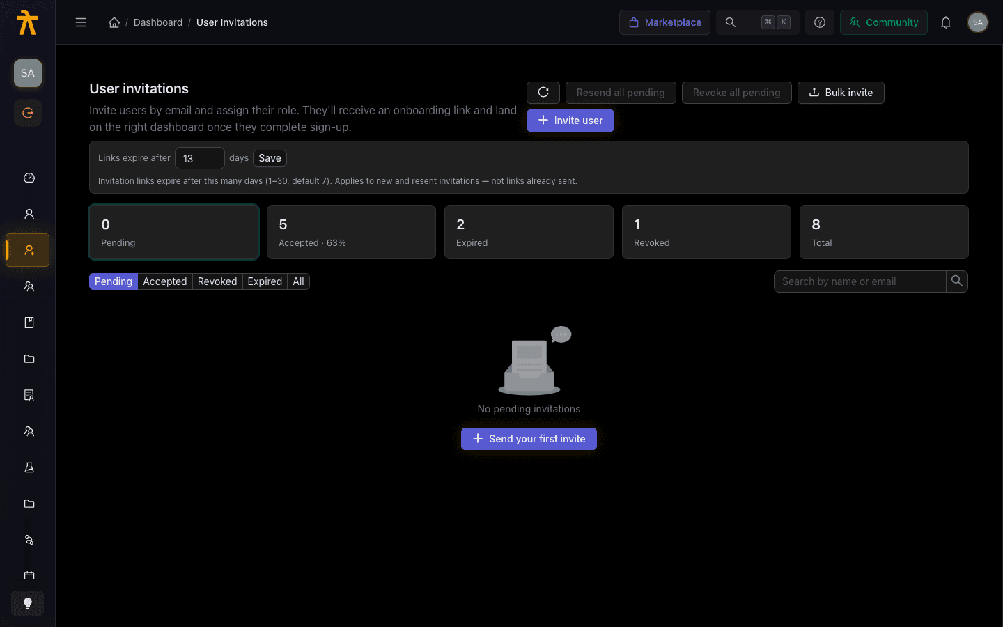User Invitations page with invite stats and status tabs